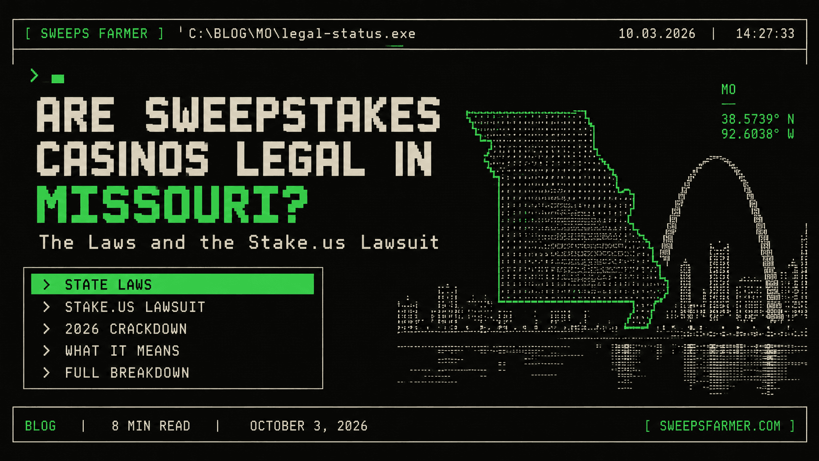 are sweepstakes casinos legal in missouri: the laws and the Stake.us lawsuit, with an outline of the state and the St. Louis skyline