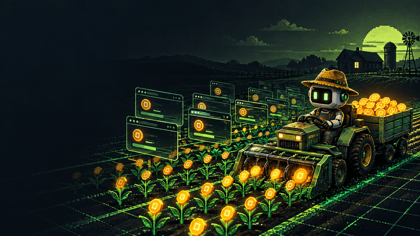 sweeps app vs sweeps farmer: pixel-art robot farmer on a tractor harvesting gold coin flowers past rows of browser windows, an automated sweepstakes daily bonus collector at work