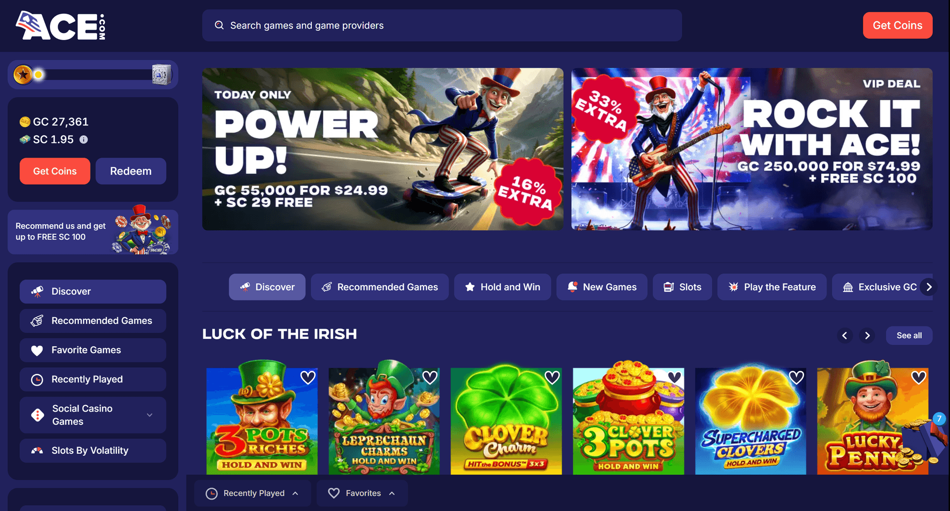 Ace Casino homepage showing the sweepstakes slot lobby with 450+ games, volatility filters, and game preview cards