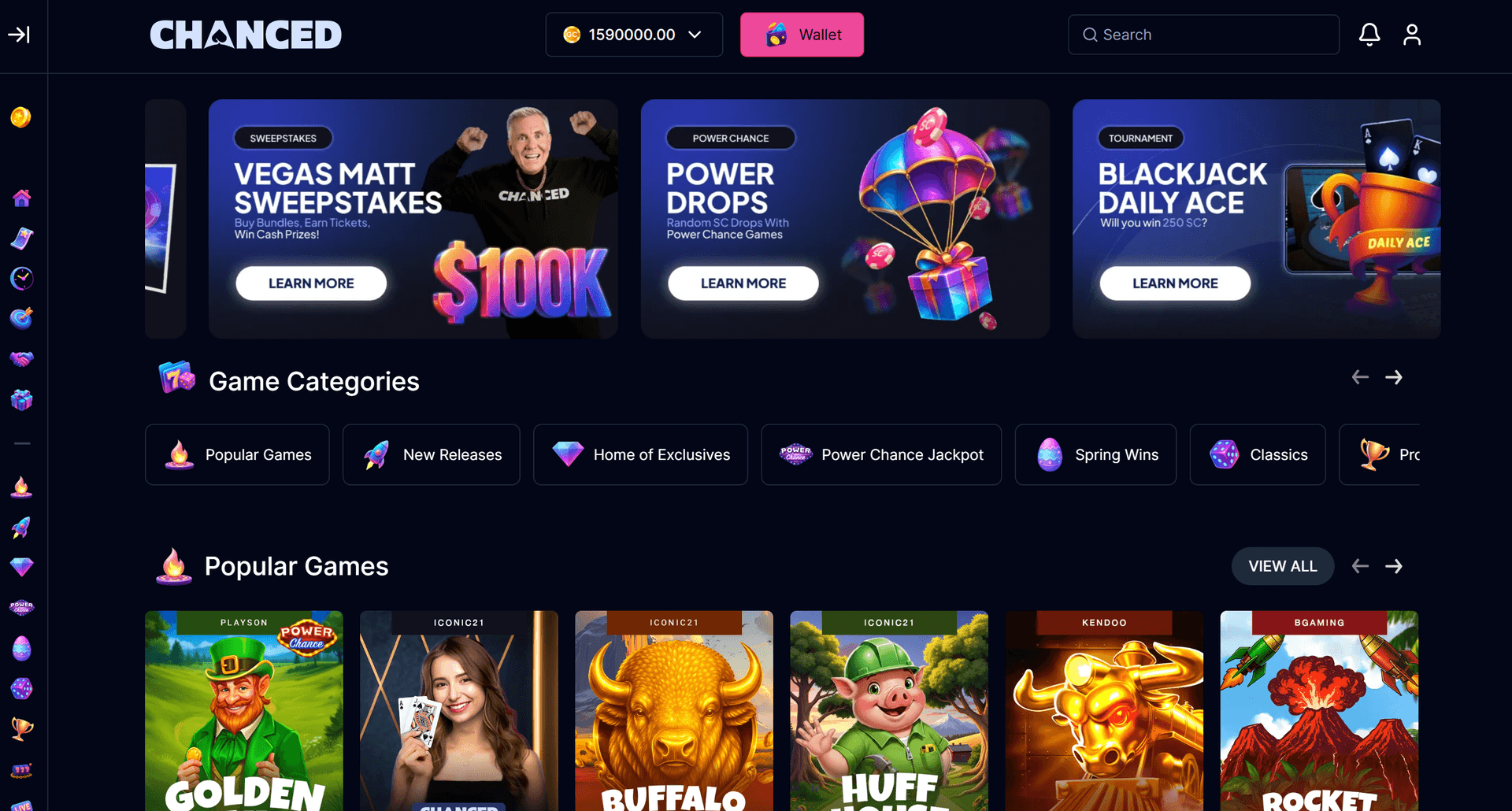 Chanced Casino homepage showing the sweepstakes game lobby with 2,000+ slots and live dealer tables from top providers