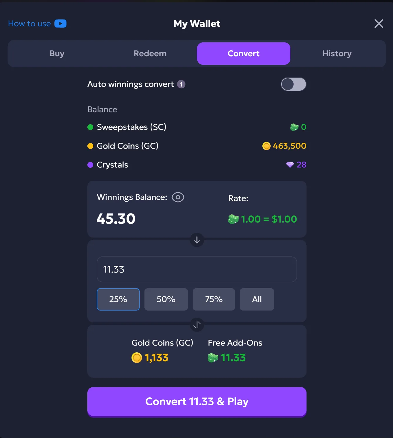 Chip'n WIN Convert tab showing SC, Gold Coin and Crystal balances, the Winnings Balance, and the Auto winnings convert switch