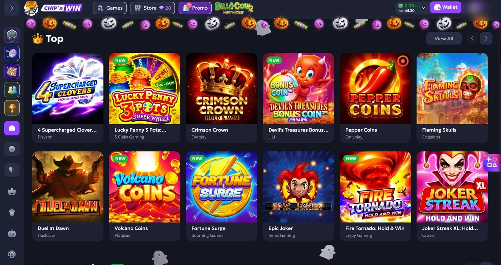 Chip'n WIN lobby with Top games from Playson, 3 Oaks Gaming, Evoplay, JILI, Hacksaw, Relax Gaming and Booming Games