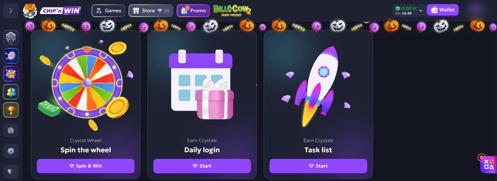 Chip'n WIN Store with the Crystal Wheel, Daily login labelled Earn Crystals, and Task list