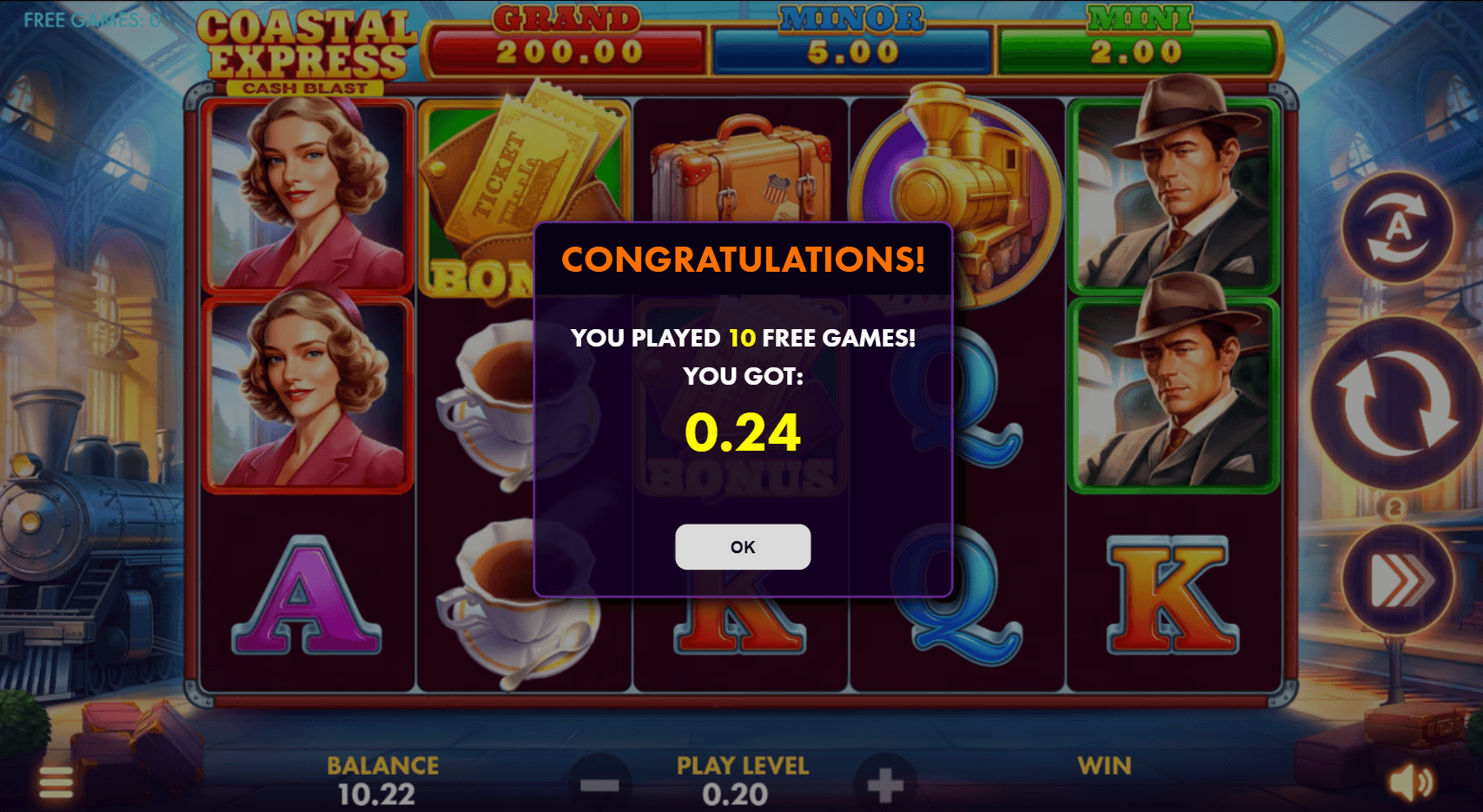 FunzCity free-play result screen showing 10 free games played on Coastal Express paying out 0.24 City Coins at the 0.20 play level