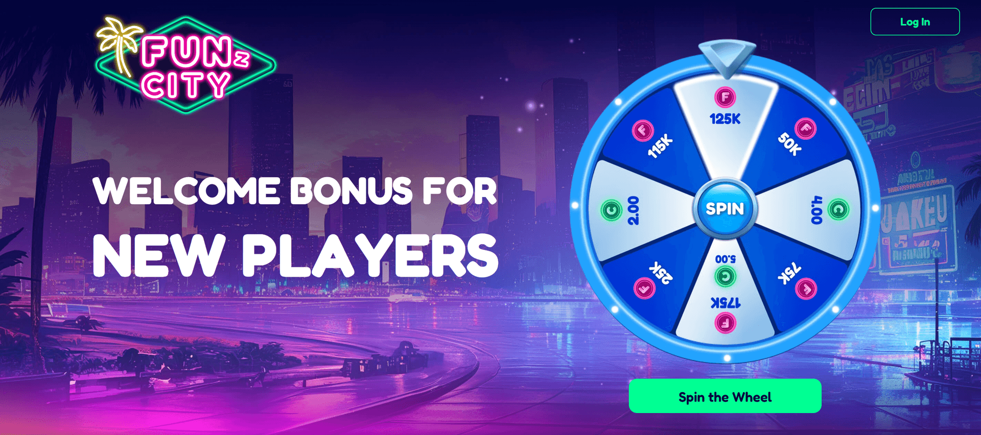 FunzCity new-player welcome wheel awarding a sign-up bonus between 25,000 Fun Coins and 5 City Coins