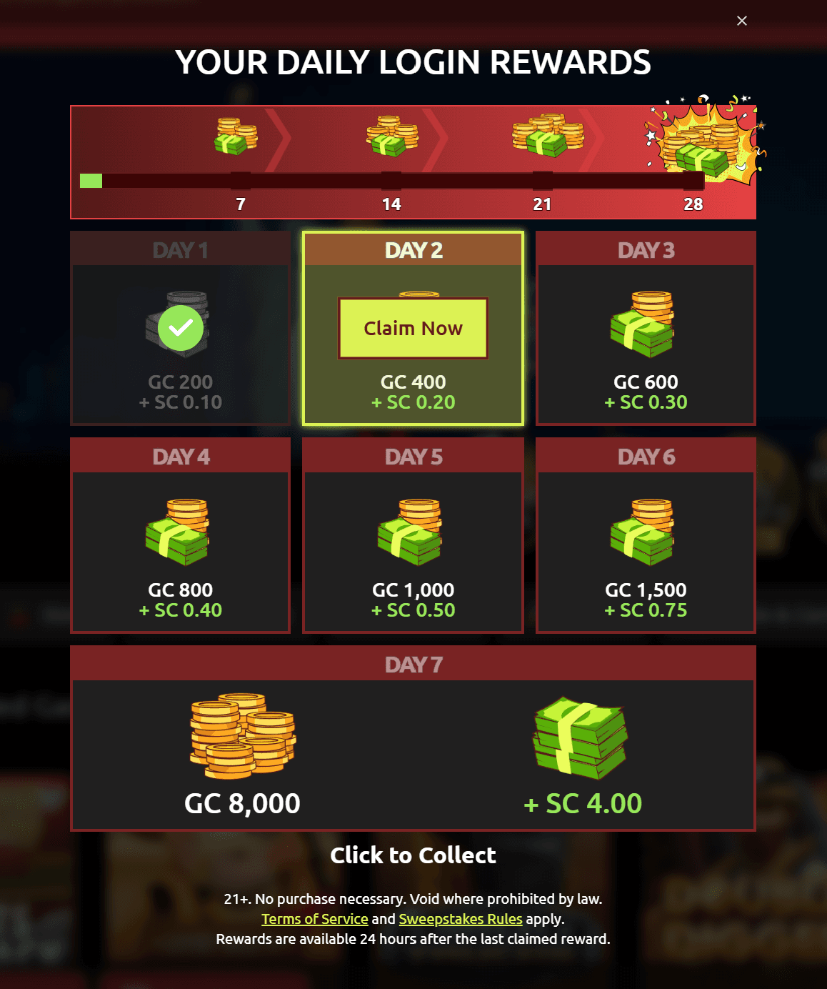 Hello Millions Your Daily Login Rewards popup showing the 7-day streak calendar paying GC plus SC every day, from 200 GC + 0.10 SC on Day 1 up to 8,000 GC + 4.00 SC on Day 7