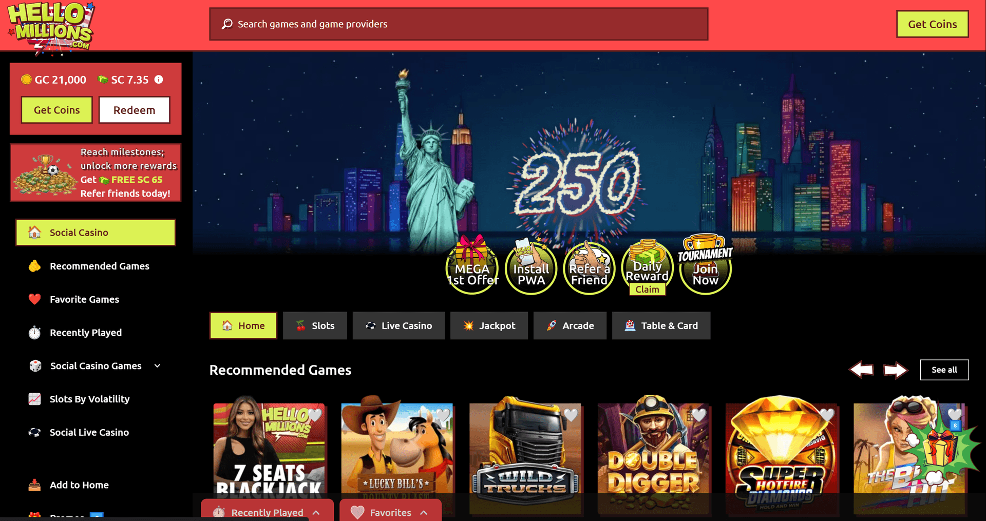 Hello Millions lobby showing the NYC skyline theme, Slots, Live Casino, Jackpot, Arcade, and Table & Card tabs, the Daily Reward claim button, and the referral banner offering 65 free SC