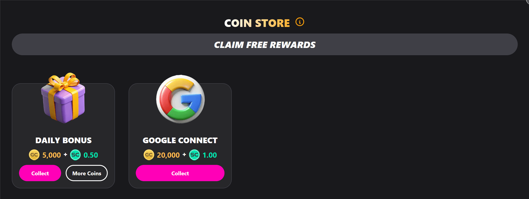 Luck Party Coin Store Claim Free Rewards row showing the Daily Bonus tile at 5,000 GC + 0.50 SC with Collect and More Coins buttons, next to a Google Connect reward of 20,000 GC + 1.00 SC
