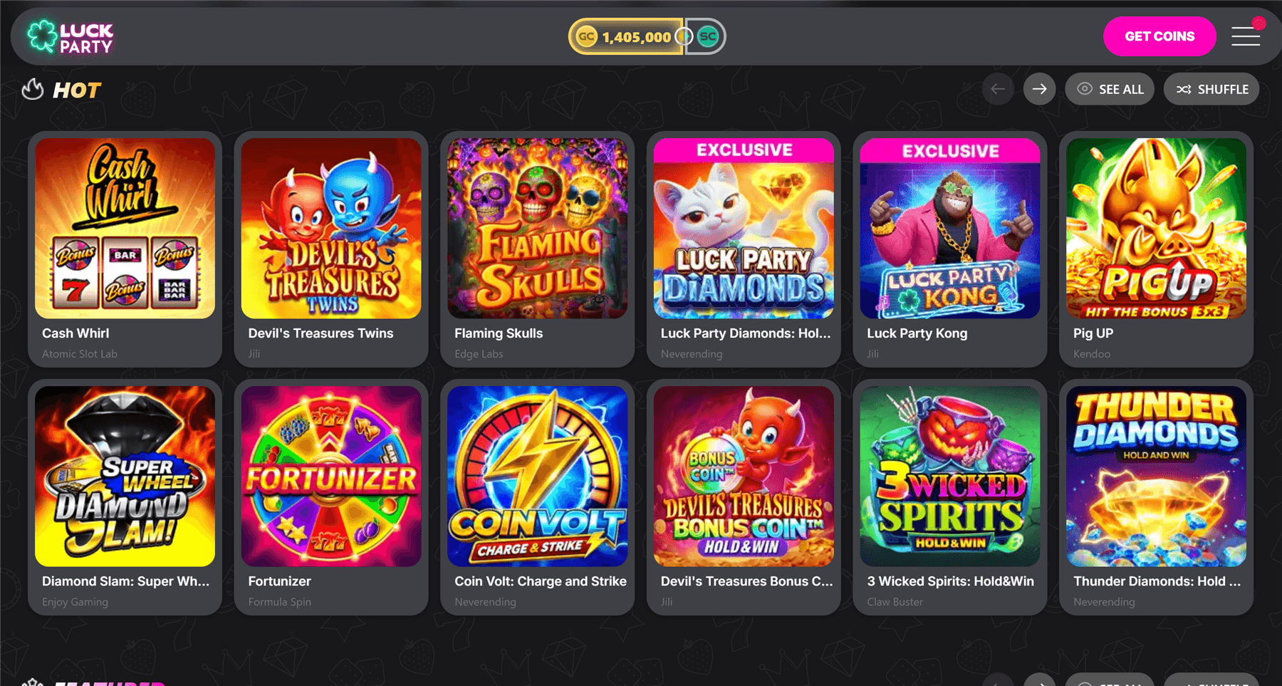 Luck Party Casino lobby showing the Hot games row with Cash Whirl, Devil's Treasures Twins, Flaming Skulls, Pig UP, and the exclusives Luck Party Diamonds and Luck Party Kong, with the Gold Coin balance and Get Coins button in the header