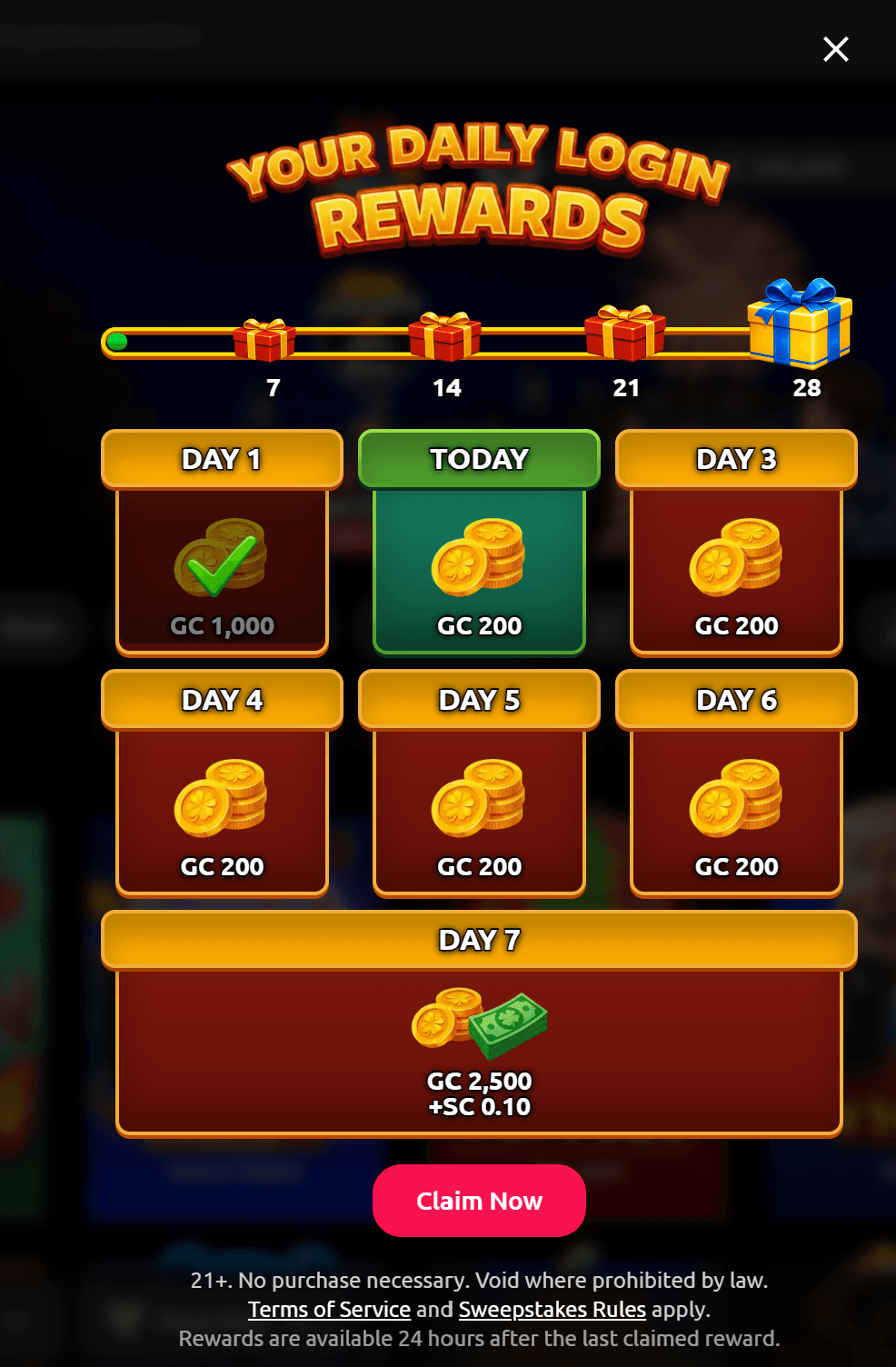 McLuck Your Daily Login Rewards popup showing the 7-day streak calendar: 1,000 GC on Day 1, 200 GC on Days 2-6, and 2,500 GC + 0.10 SC on Day 7, with milestone gifts at Days 7, 14, 21, and 28