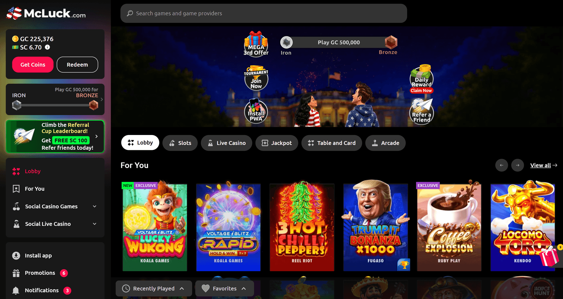 McLuck lobby showing Slots, Live Casino, Jackpot, Table and Card, and Arcade tabs, the Daily Reward claim button, Iron-to-Bronze loyalty progress, and the Referral Cup leaderboard banner offering 100 free SC