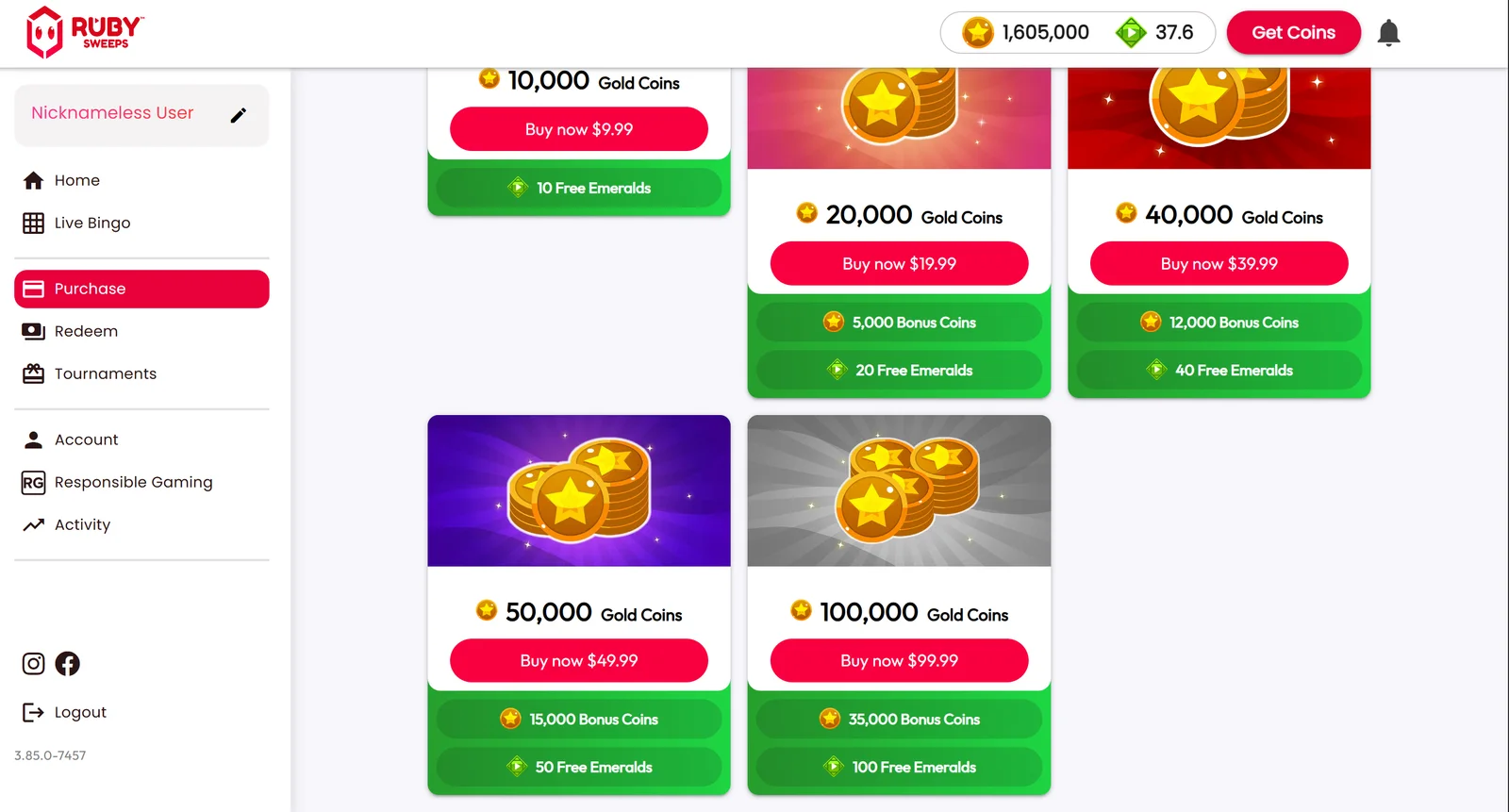 Ruby Sweeps coin store bundles from $9.99 with 10 free Emeralds to $99.99 with 100 free Emeralds