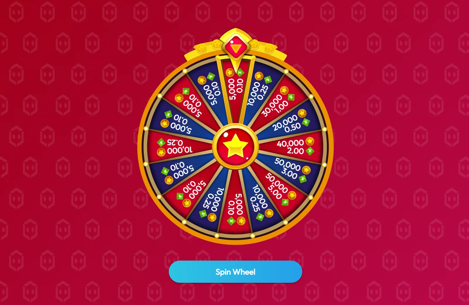Ruby Sweeps Daily Wheel showing 16 prize wedges from 0.10 Emeralds up to 50,000 Gold Coins and 5 Emeralds