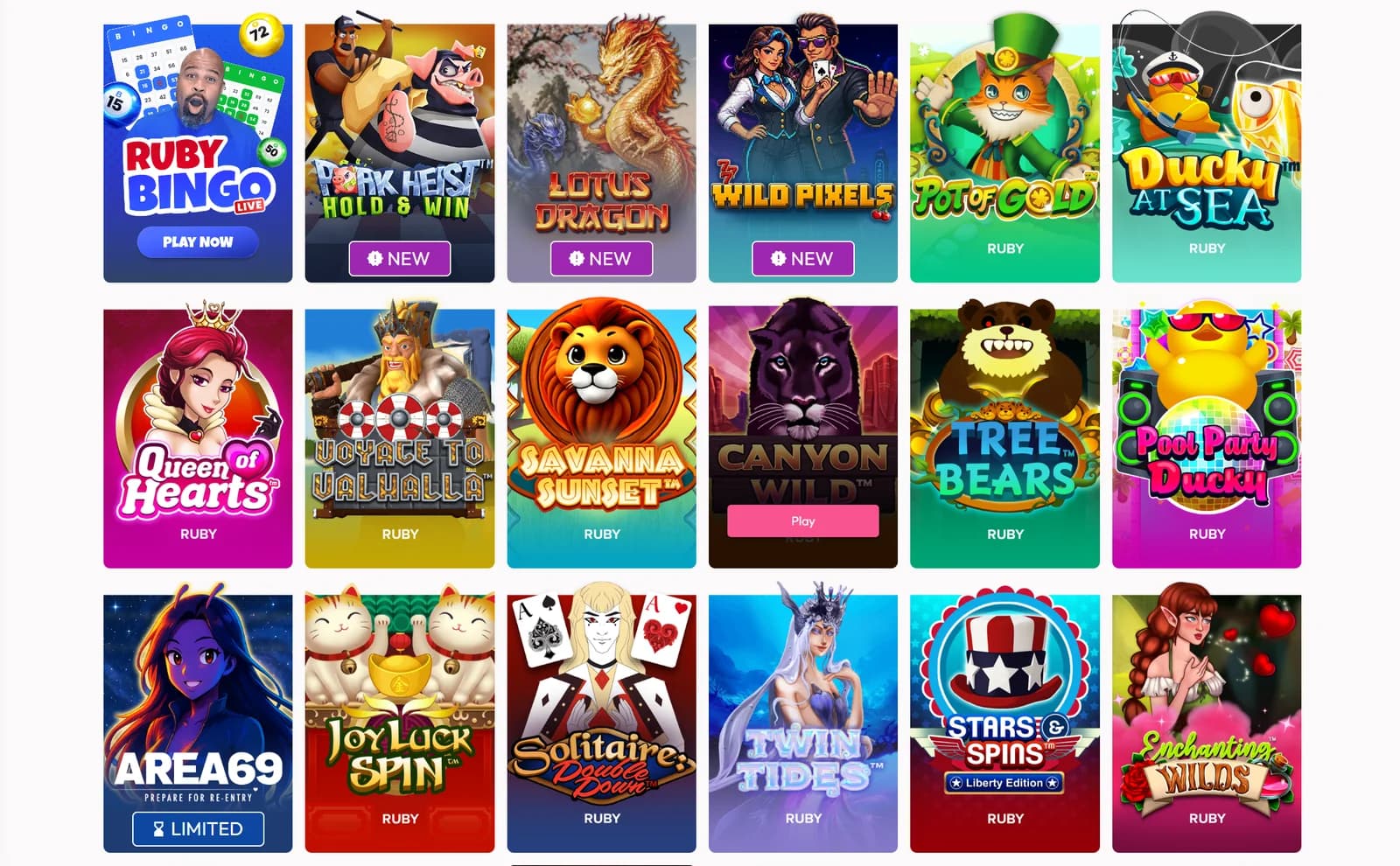 Ruby Sweeps games lobby showing Ruby Bingo, Pork Heist, Lotus Dragon, Wild Pixels, Pot of Gold, Ducky at Sea and 12 more Ruby-branded games