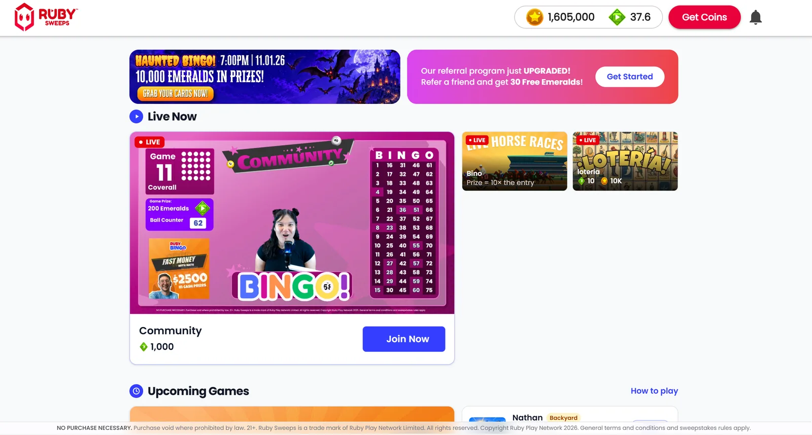 Ruby Sweeps Live Bingo page with a live caller on game 11, a coverall with a 200 Emerald prize