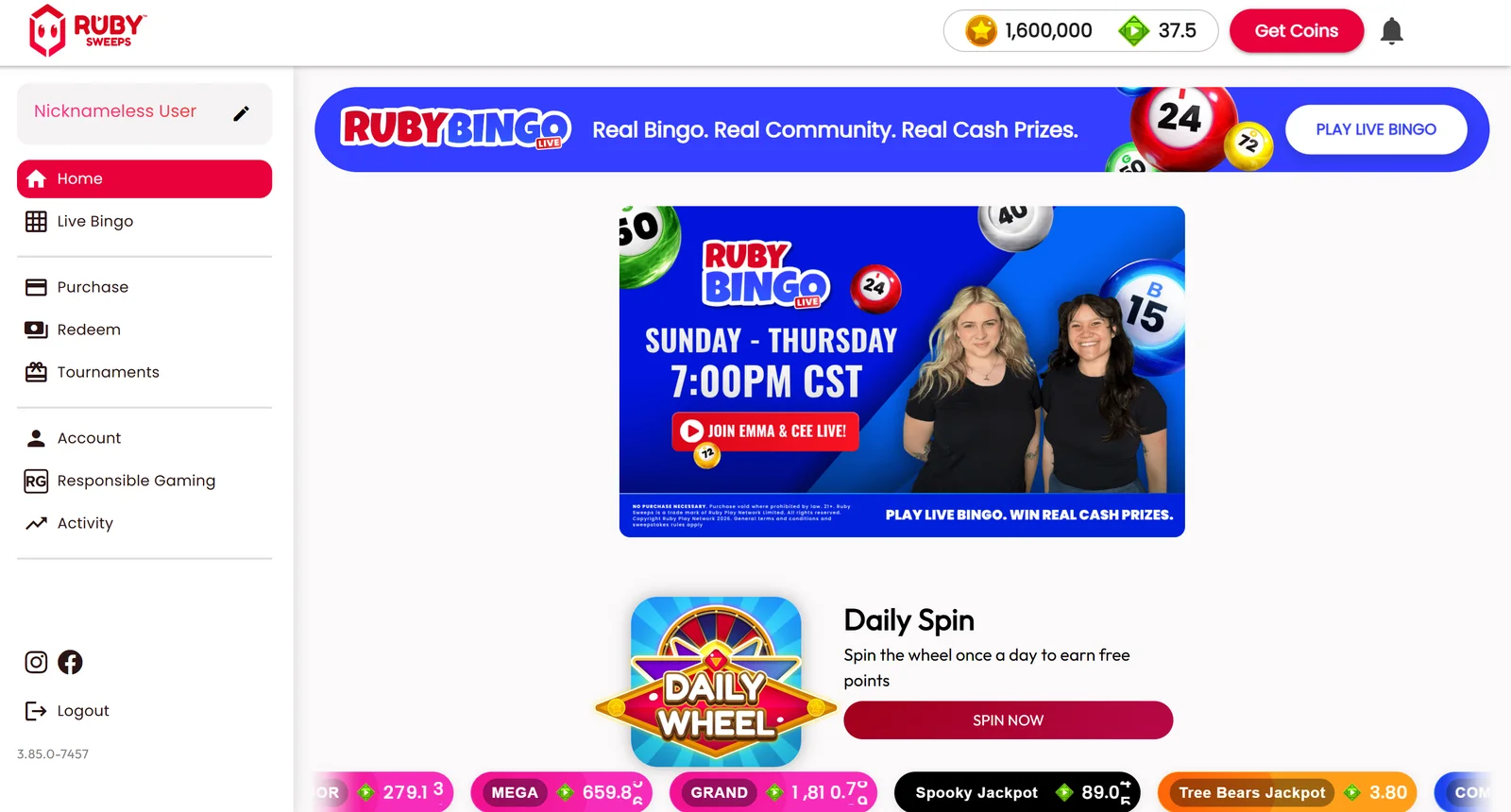Ruby Sweeps lobby with the Ruby Bingo banner, the Daily Wheel Spin Now button and jackpot totals