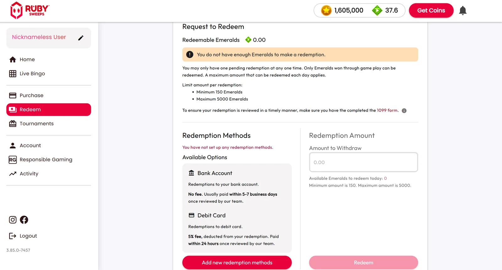 Ruby Sweeps Redeem page showing a 150 Emerald minimum, a no-fee bank option and a debit card option with a 5% fee