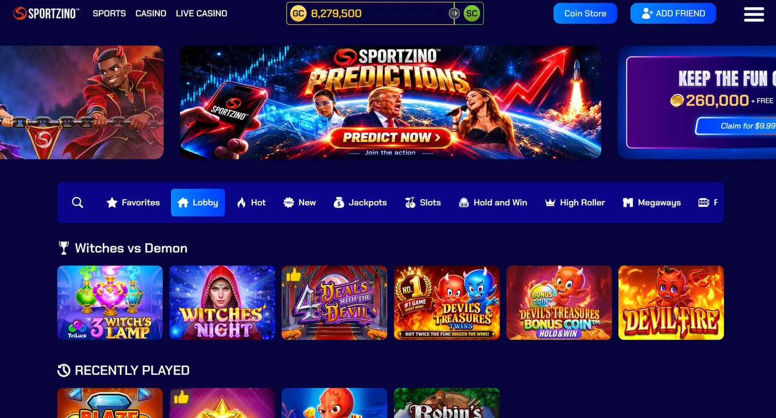 Sportzino casino lobby with Sports, Casino and Live Casino tabs, a Sportzino Predictions banner, and Hold and Win, Megaways and Jackpots categories