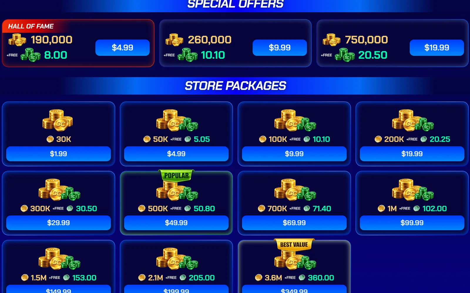 Sportzino Coin Store special offers and packages from $1.99 for 30K GC to $349.99 for 3.6M GC plus 360 free SC