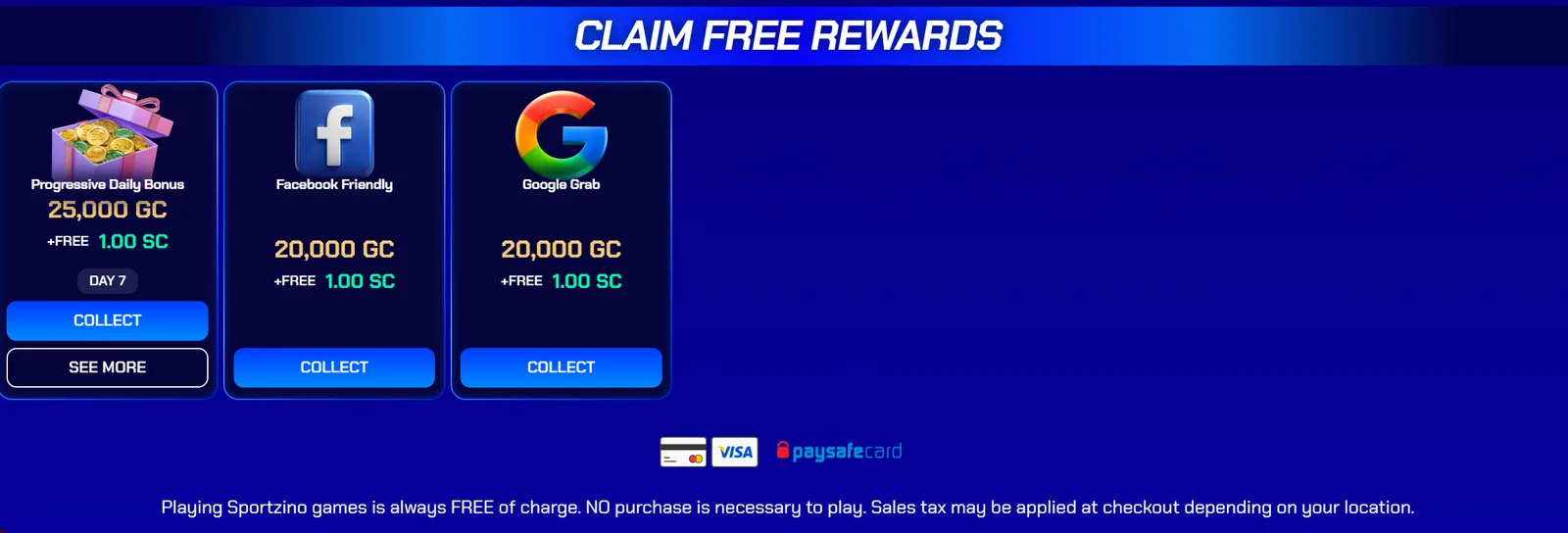 Sportzino Claim Free Rewards: Progressive Daily Bonus 25,000 GC plus 1 SC on Day 7, Facebook Friendly and Google Grab 20,000 GC plus 1 SC each