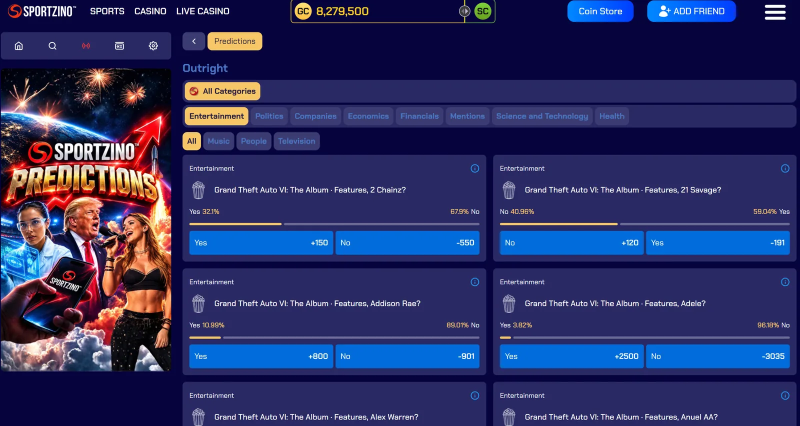 Sportzino Predictions market with Yes and No odds on entertainment questions, and categories for politics, companies, economics, financials and health