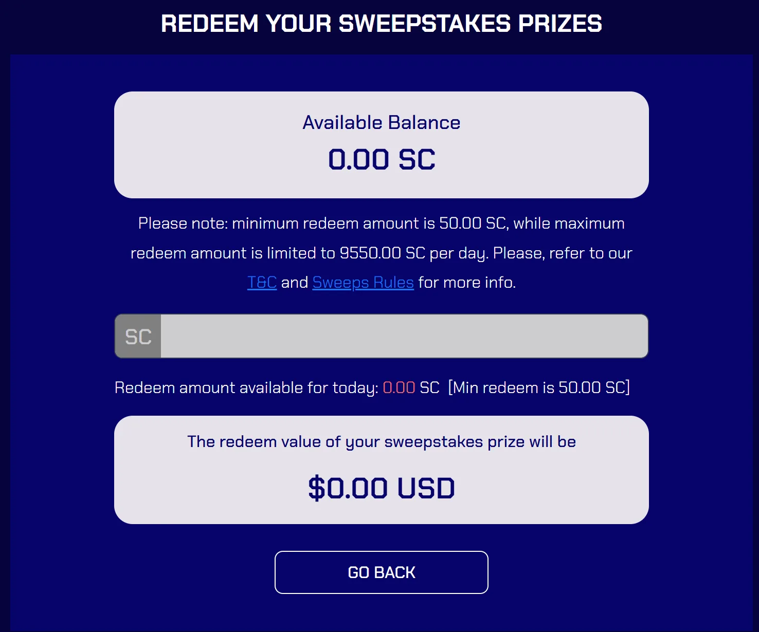 Sportzino redeem screen: minimum redeem 50 SC, maximum 9,550 SC per day