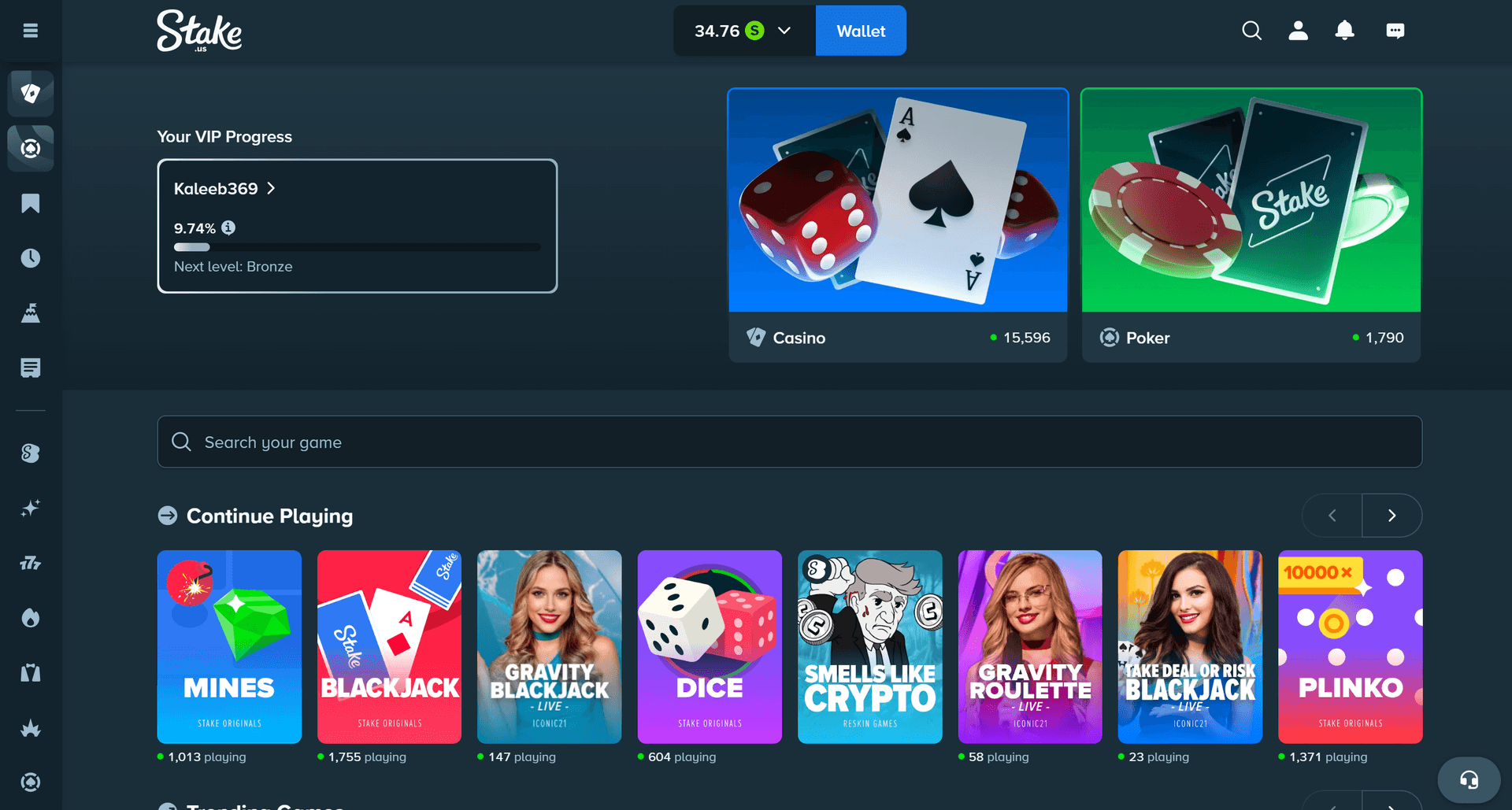 Stake.us homepage showing the sweepstakes casino lobby with 2,000+ games including Stake Originals and live dealer