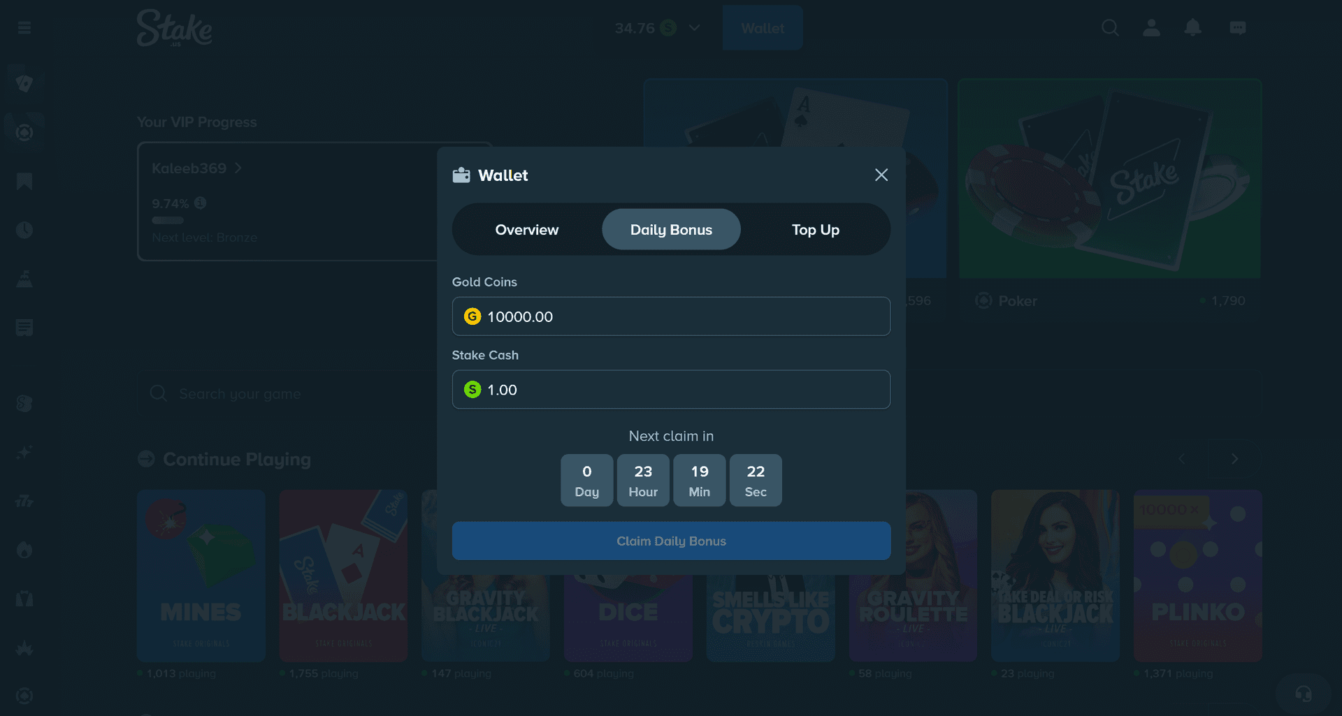 Stake.us wallet showing Stake Cash balance, daily bonus claim button, and rakeback earnings