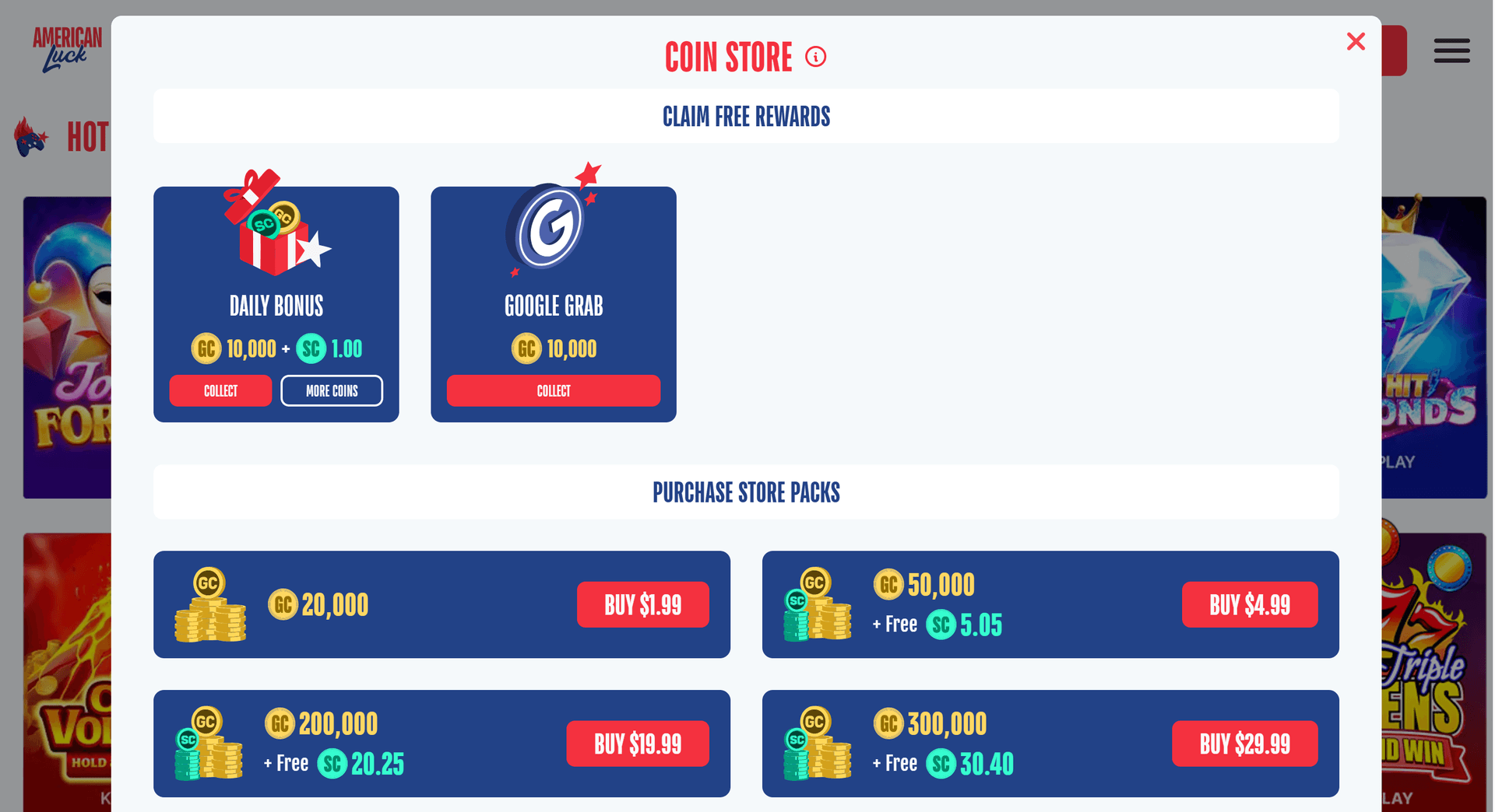 American Luck Casino daily login streak bonus screen showing the growing reward for consecutive logins