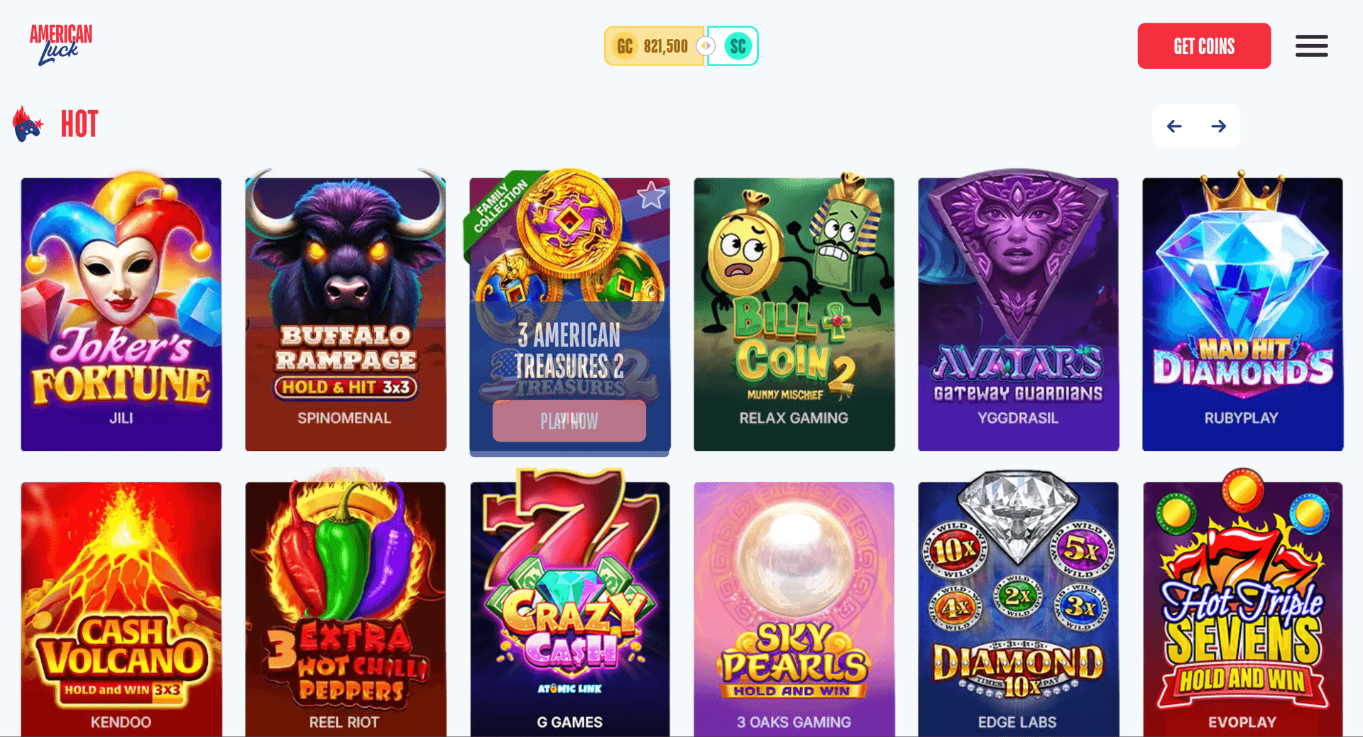 American Luck Casino homepage showing the patriotic red-white-and-blue lobby with 1,500+ games and the sign-up bonus offer