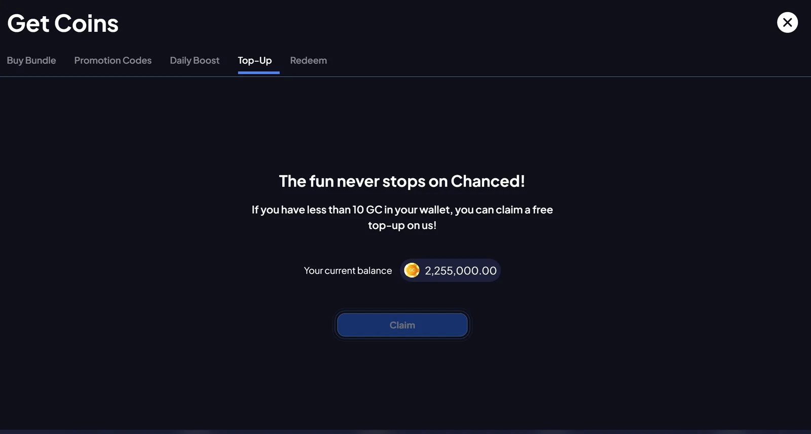 Chanced free Gold Coin top-up screen: claim a free top-up when your wallet has less than 10 GC