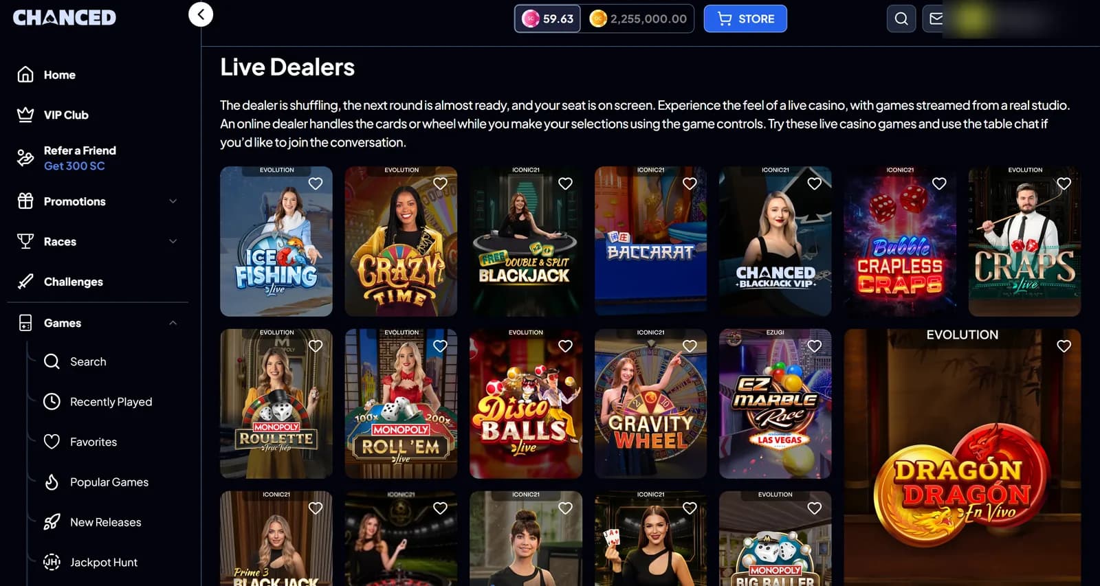 Chanced live dealer lobby with Evolution Crazy Time, Ice Fishing and Monopoly Live, Iconic21 blackjack and baccarat, live craps and Ezugi EZ Marble Race