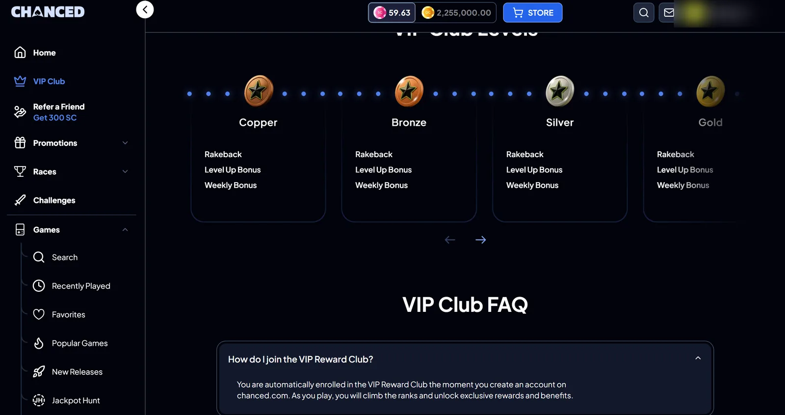 Chanced VIP Club levels Copper, Bronze, Silver and Gold, each with rakeback, a level-up bonus and a weekly bonus