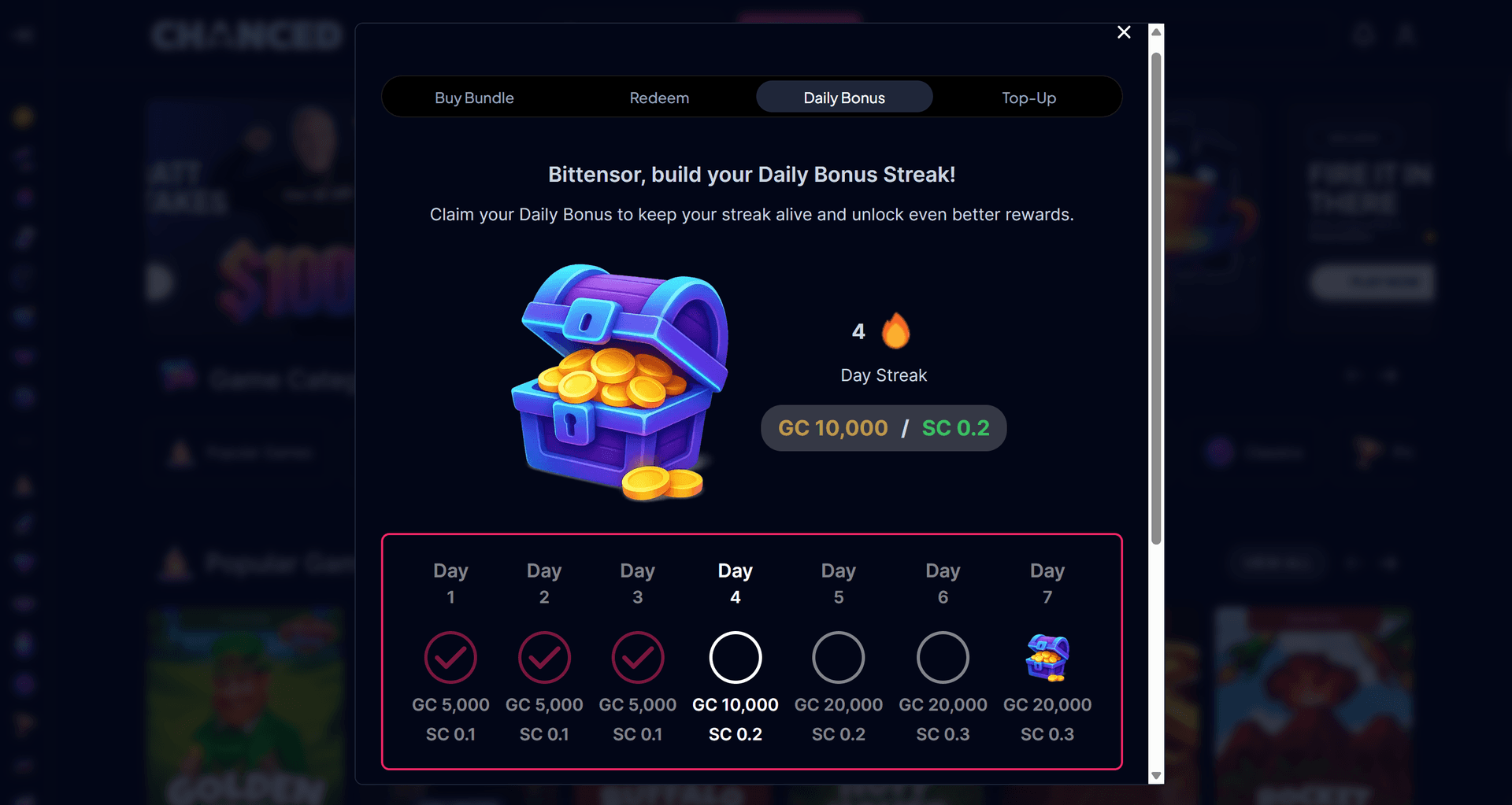Chanced Casino daily login bonus screen showing 10,000 GC + 1 SC free daily reward and hourly Gold Coin bonus