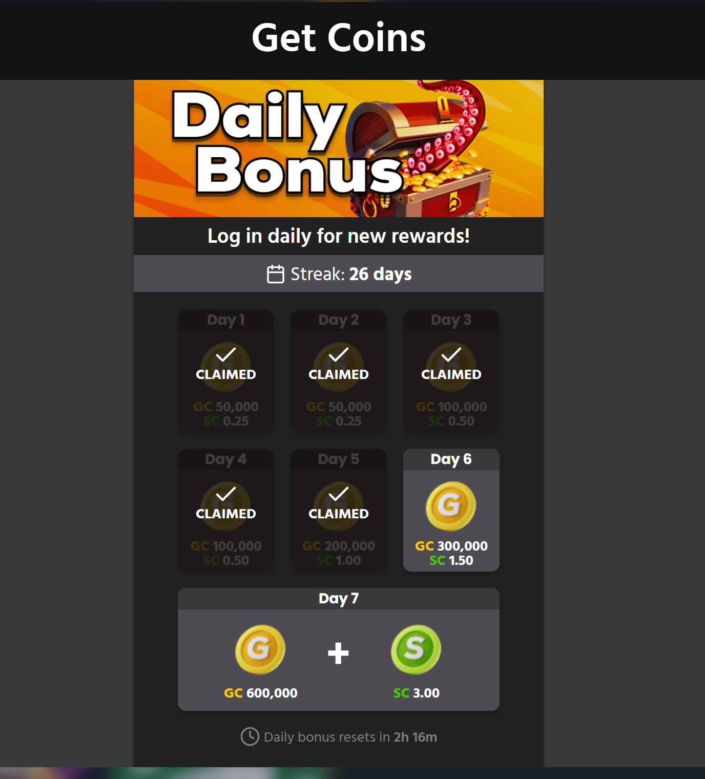 Chumba Casino 7-day login streak screen showing Gold Coin and Sweeps Coin rewards — automate Chumba daily bonus collection to never break your streak