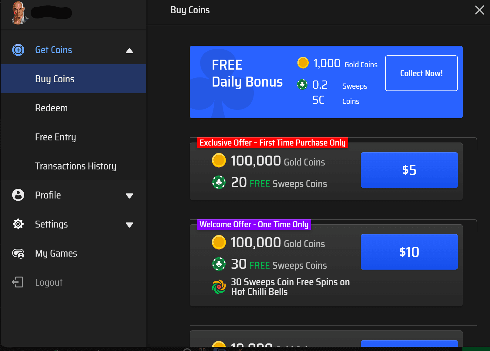 Clubs Poker Buy Coins screen showing the Free Daily Bonus of 1,000 Gold Coins + 0.2 Sweeps Coins with a Collect Now button, an Exclusive First Time Purchase of 100,000 GC + 20 Free SC for $5, and a Welcome Offer of 100,000 GC + 30 SC + 30 Free Spins on Hot Chilli Bells for $10