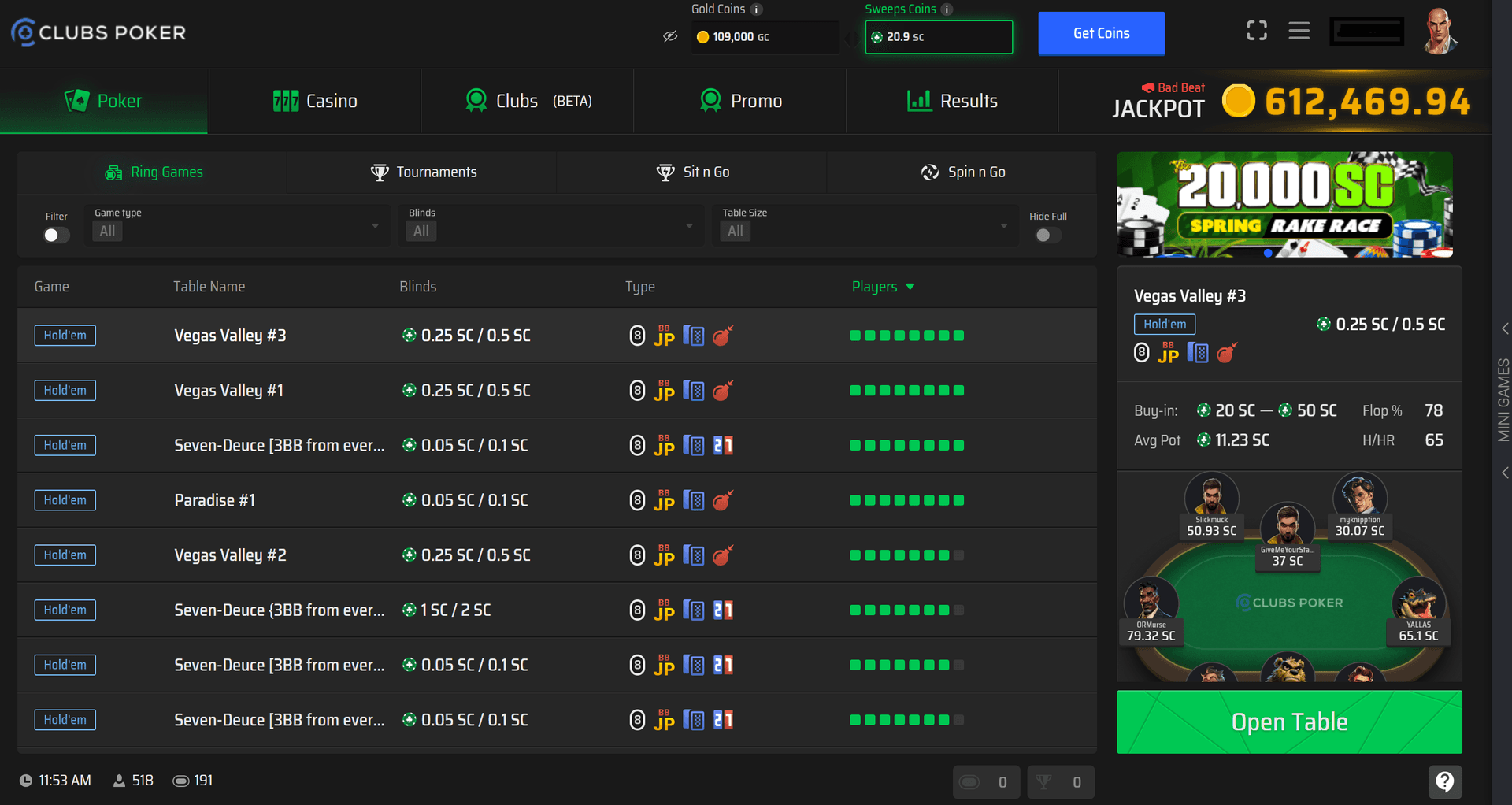 Clubs Poker ring game lobby showing active Texas Hold'em tables including Vegas Valley and Seven-Deuce at stakes from 0.05/0.10 SC to 1/2 SC, with tabs for Ring Games, Tournaments, Sit & Go, and Spin & Go, and a Spring Rake Race 20,000 SC promo banner