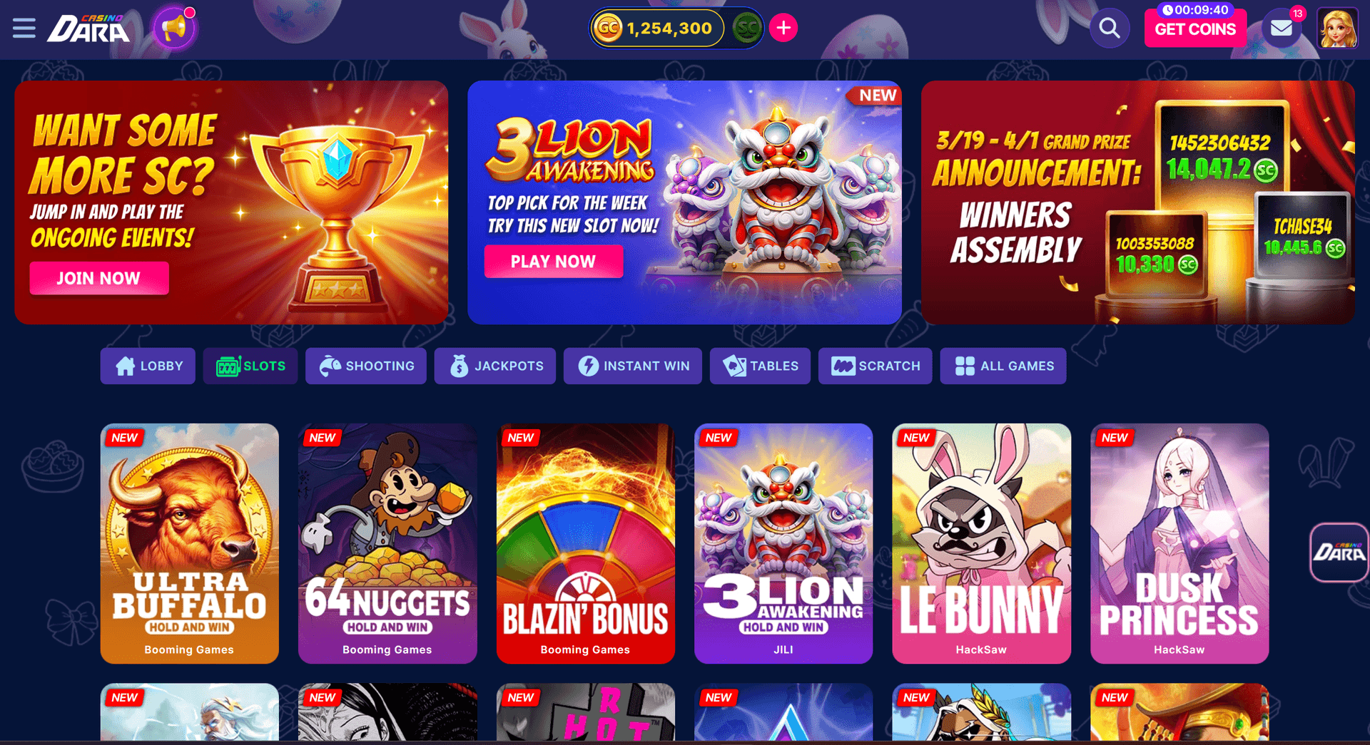 Dara Casino game lobby showing slots from Booming Games and HackSaw including Ultra Buffalo, 64 Nuggets, Blazin' Bonus, Le Bunny, and Dusk Princess, with category tabs for Slots, Jackpots, Instant Win, Tables, and Scratch