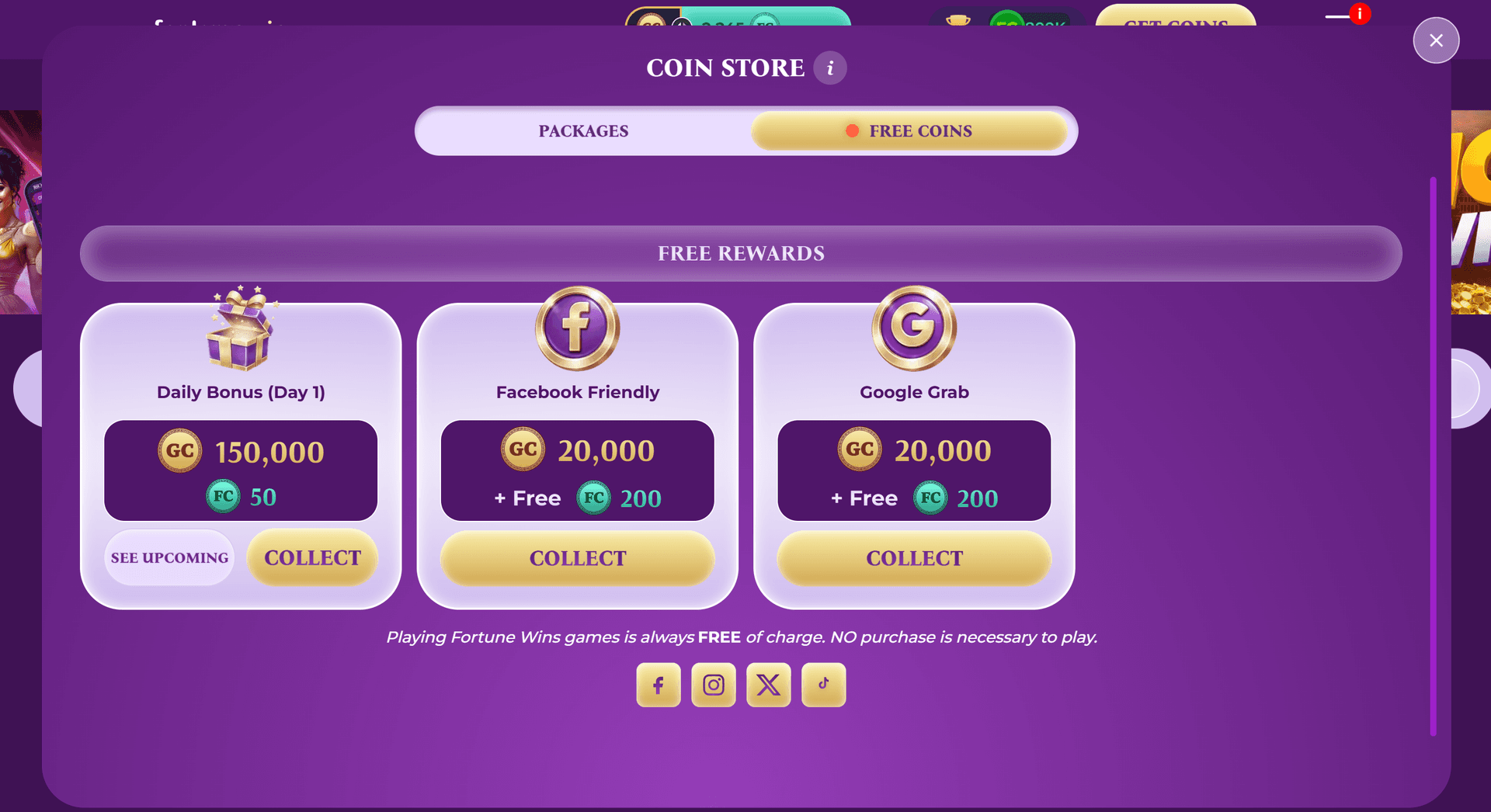 Fortune Wins Coin Store Free Coins tab showing Daily Bonus Day 1 reward of 150,000 GC + 50 FC, Facebook Friendly 20,000 GC + 200 FC, and Google Grab 20,000 GC + 200 FC — all free with no purchase required