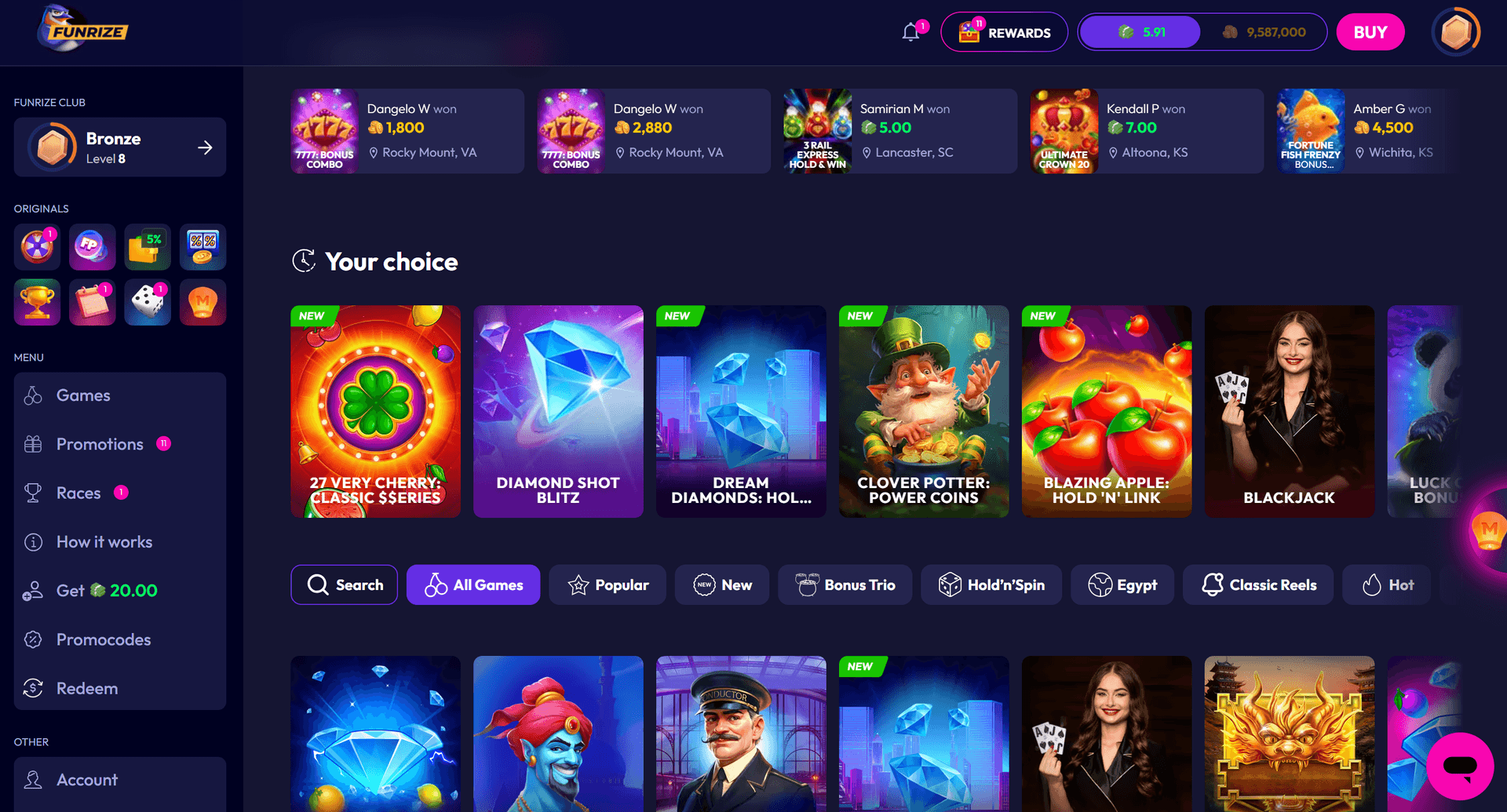 Funrize game lobby showing slots including 27 Very Cherry Classic, Diamond Shot Blitz, Dream Diamonds, Clover Potter Power Coins, Blazing Apple Hold N Link, and Blackjack, with category filters for All Games, Popular, New, Bonus Trio, and Hold N Spin