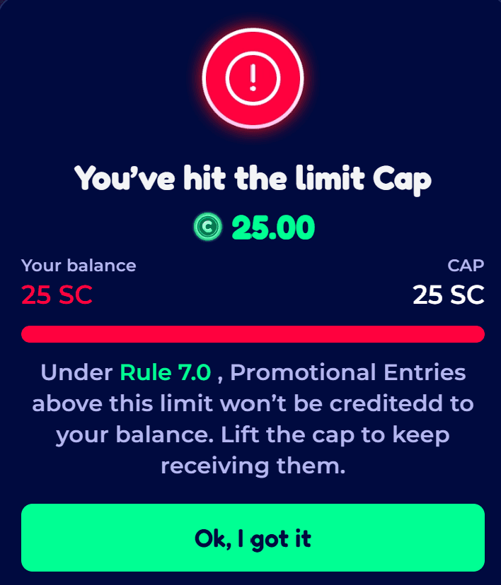 FunzCity "You've hit the limit Cap" notice showing a balance of 25 against a cap of 25 (labelled SC in the notice; these are City Coins), stating that under Rule 7.0 promotional entries above the limit won't be credited