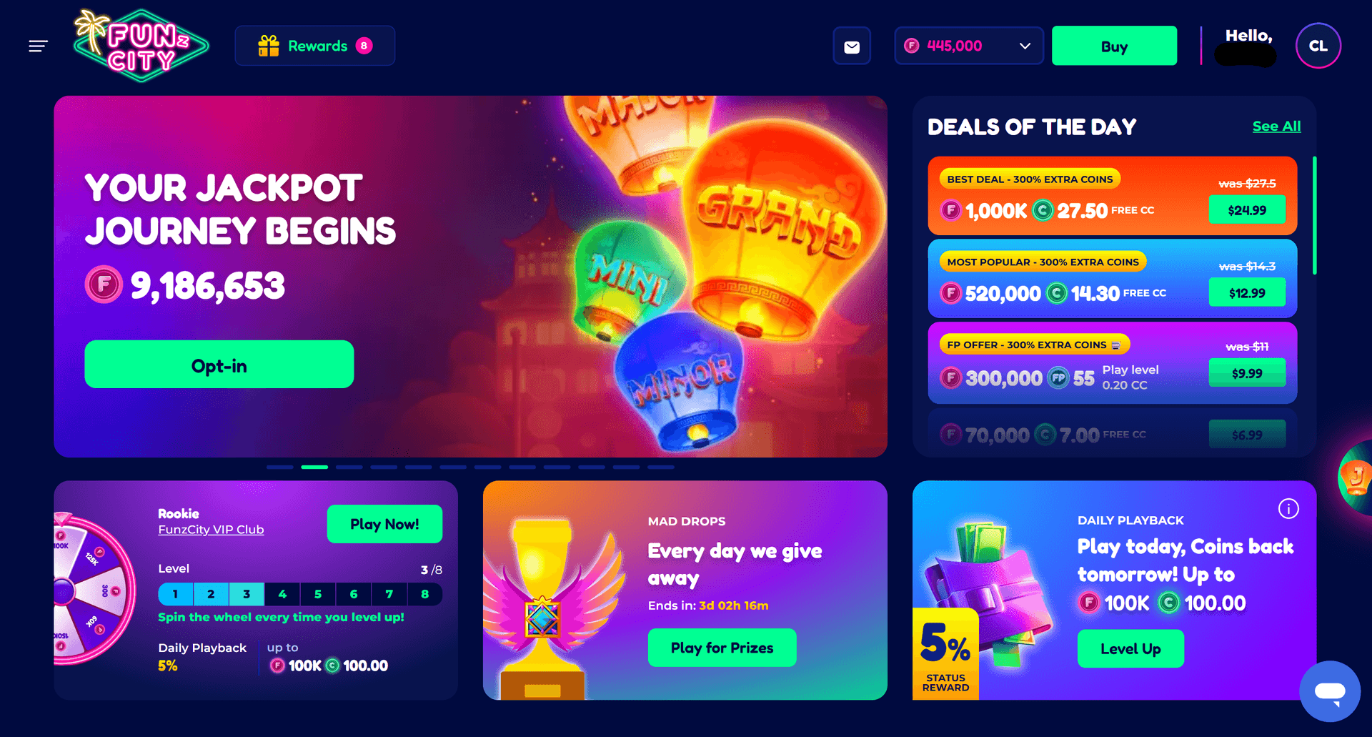FunzCity Casino homepage showing the neon-styled slot lobby with 700+ games from NetGame, BGaming, and other providers