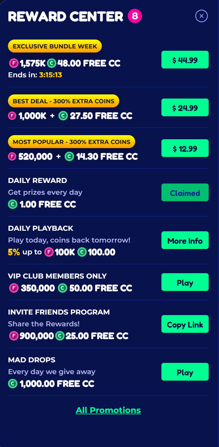 FunzCity Casino wallet showing Fun Coin and City Coin balances with daily login bonus