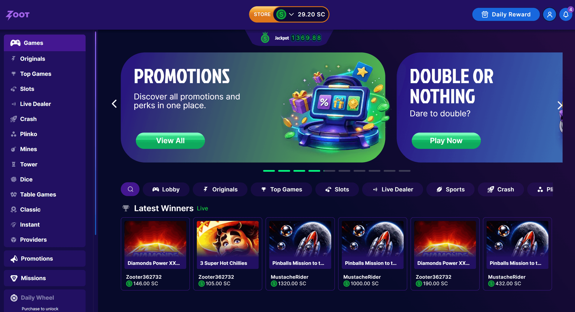 Zoot (getzoot.us) lobby showing provably fair Originals (Crash, Plinko, Mines, Dice, Tower) in the sidebar alongside Slots, Live Dealer, Table Games and Sports tabs, with a 29.20 SC balance in the store bar