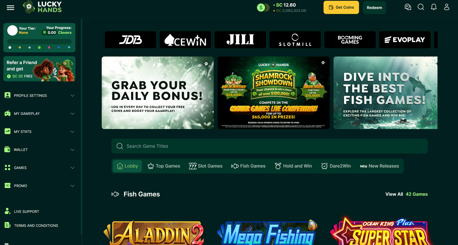 Lucky Hands Casino homepage showing the poker and casino lobby with Texas Hold'em ring games and 200+ slots