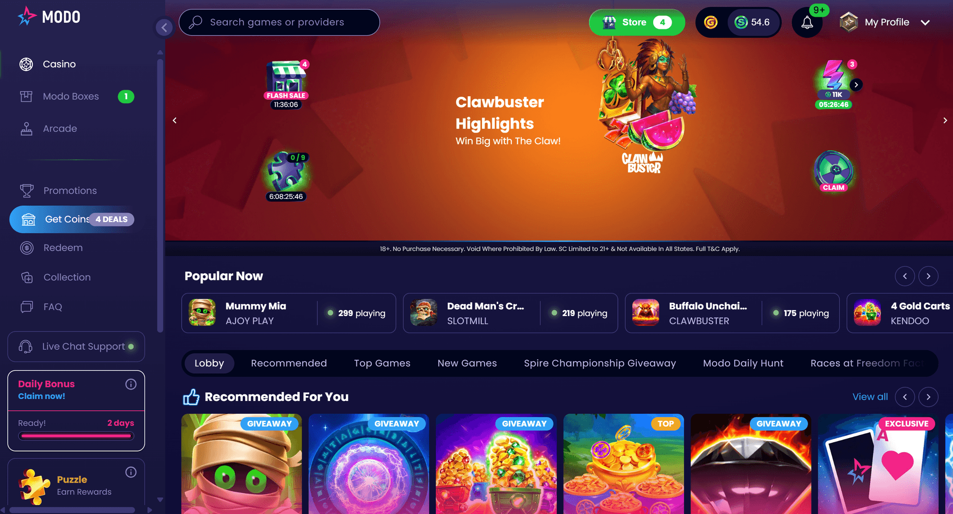 Modo Casino homepage showing the game lobby, Gold Coin and Sweeps Coin balances, and Popular Now games