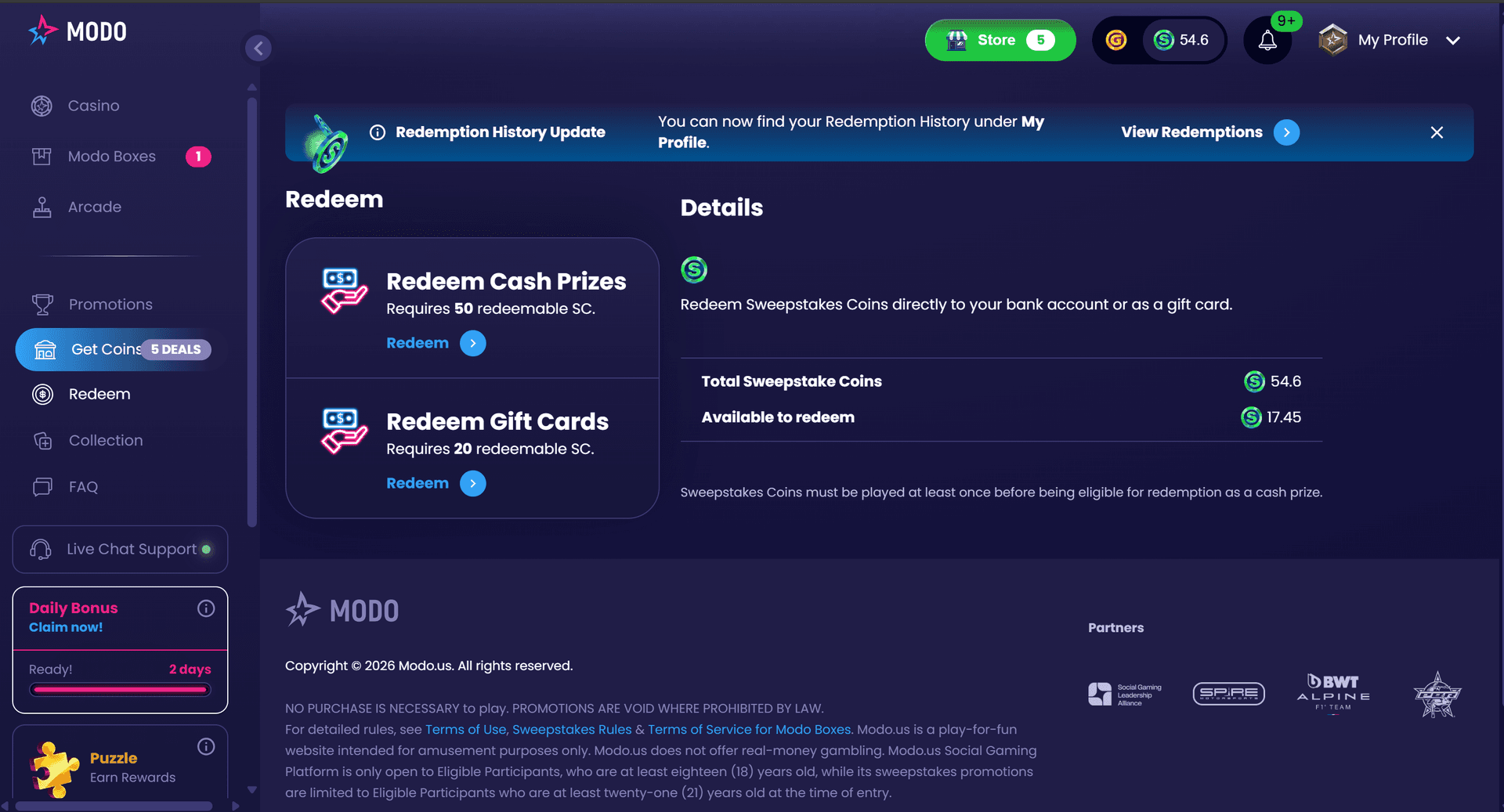 Modo Casino redemption screen showing Redeem Cash Prizes requiring 50 SC and Redeem Gift Cards requiring 20 SC