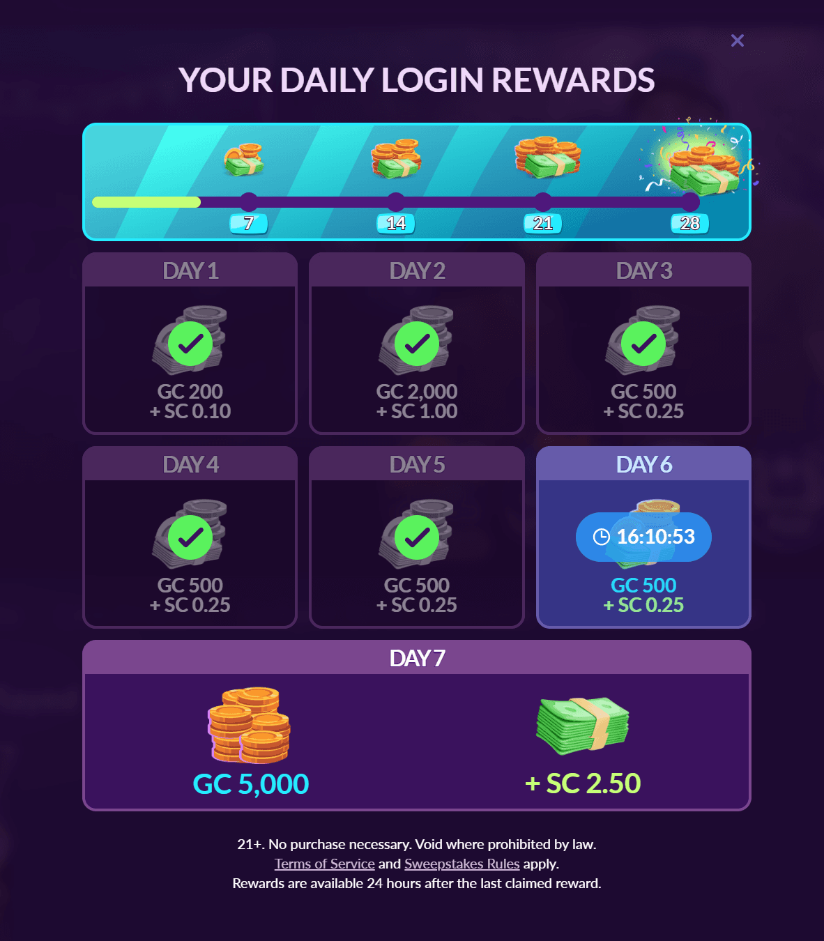 PlayFame Your Daily Login Rewards popup showing the 7-day streak calendar paying GC plus SC every day, from 200 GC + 0.10 SC on Day 1 up to 5,000 GC + 2.50 SC on Day 7, with a countdown timer on the next unclaimed day