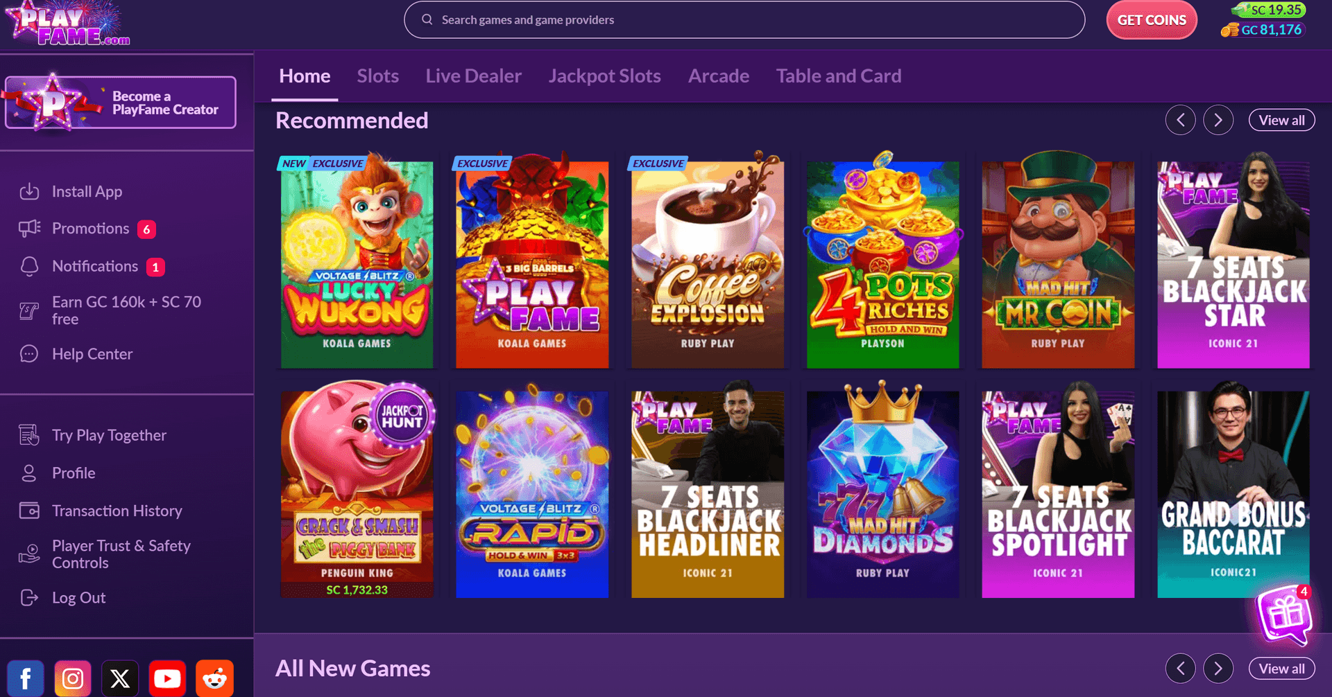 PlayFame lobby showing Slots, Live Dealer, Jackpot Slots, Arcade, and Table and Card tabs, PlayFame-branded 7 Seats Blackjack live tables, exclusive Koala Games slots, and the Earn 160K GC + 70 SC free offer