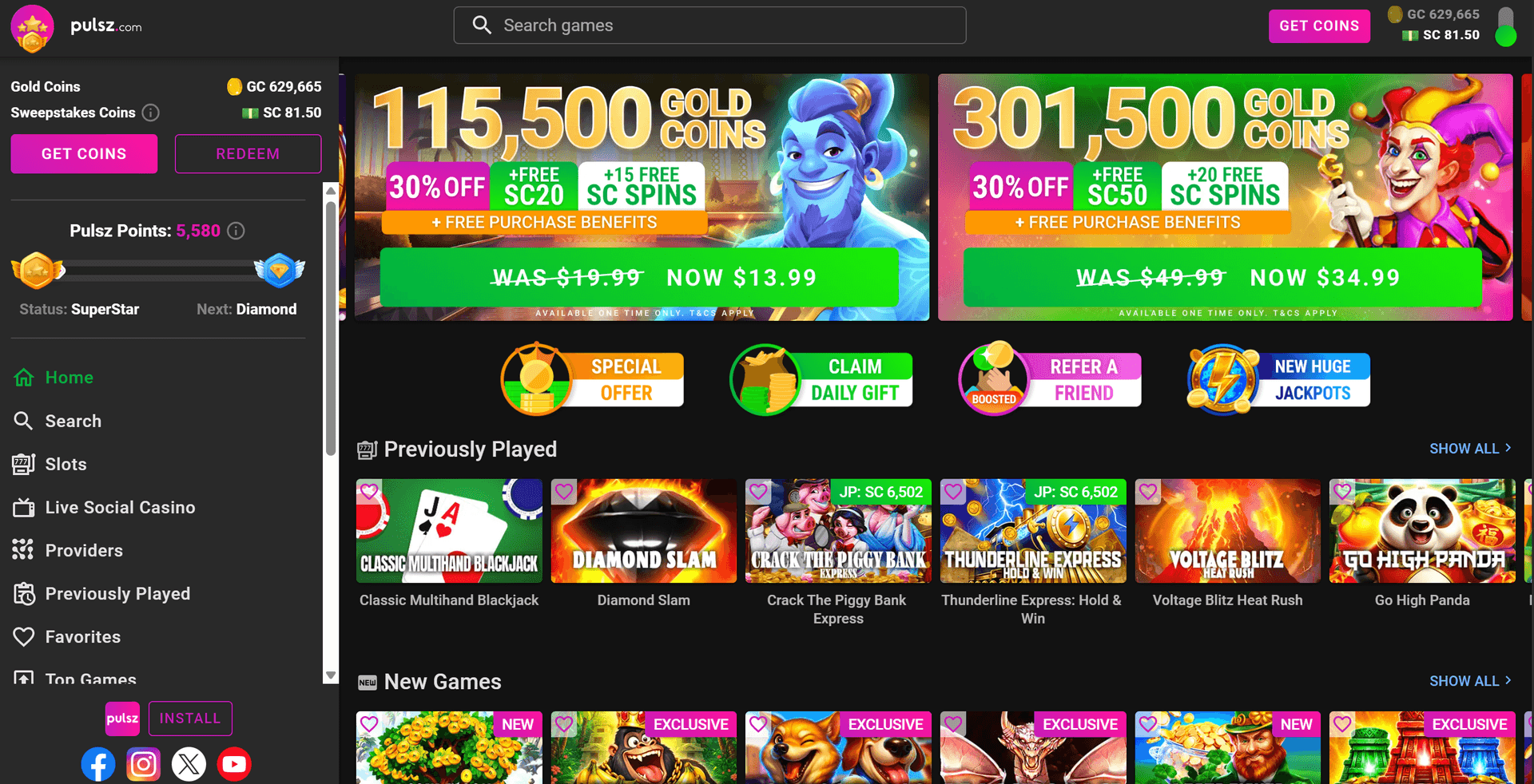 Pulsz lobby showing the left menu with Home, Search, Slots, Live Social Casino, Providers, Previously Played and Favorites, a Pulsz Points tier tracker, discounted Gold Coin pack banners, Special Offer, Claim Daily Gift, Refer a Friend and New Huge Jackpots shortcuts, and Previously Played and New Games rows